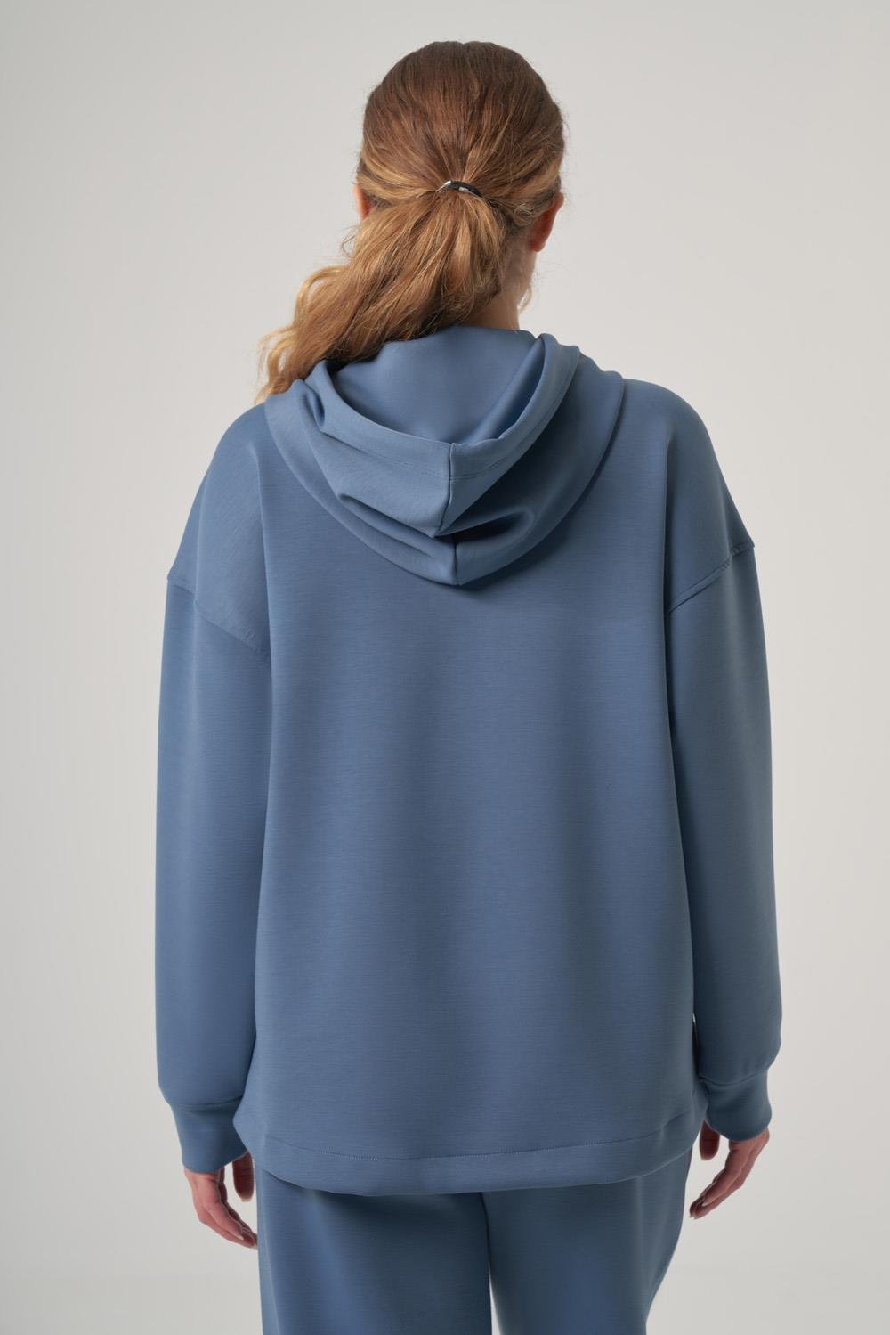 WELLWE-MERCO indigo ultra relax yumuşak kumaş yakası çıt çıt detaylı kapüşonlu sweat-Sweatshirt