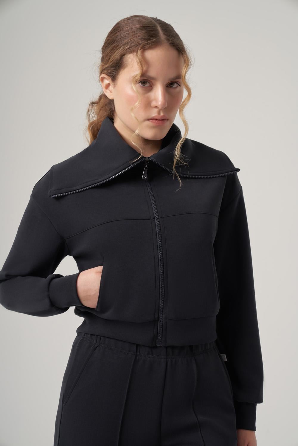 WELLWE-MONTE antrasit modal kumaş ultra relax yaka detaylı fermuarlı ceket-Sweatshirt