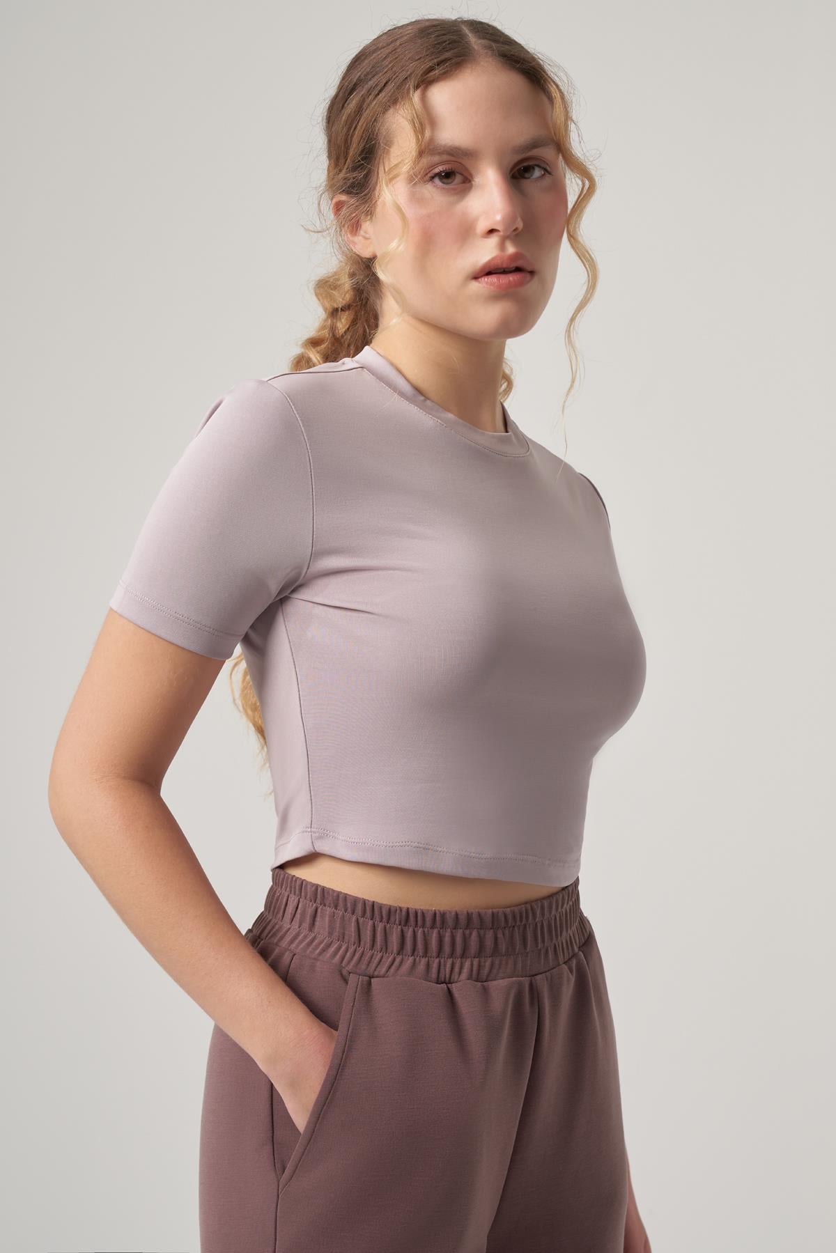 WELLWE-NIKEN gül kurusu soft touch modal içerikli crop tişört-T-Shirt & Atlet