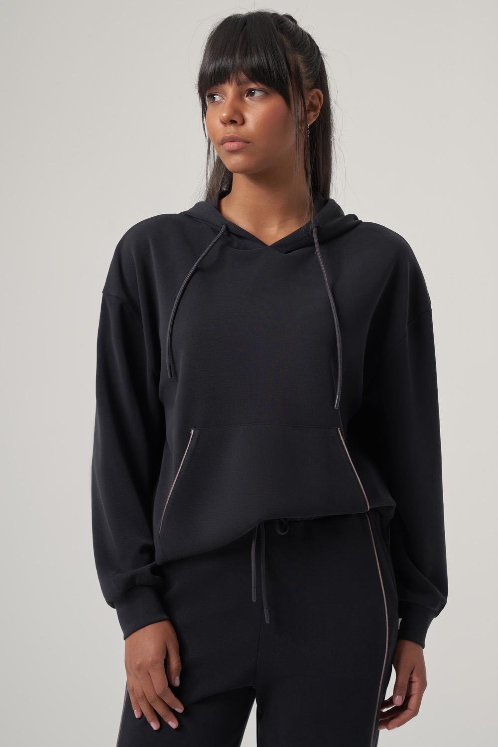 WELLWE-NOVA antrasit modal kumaş ultra relax kapüşonlu hoodie-Sweatshirt