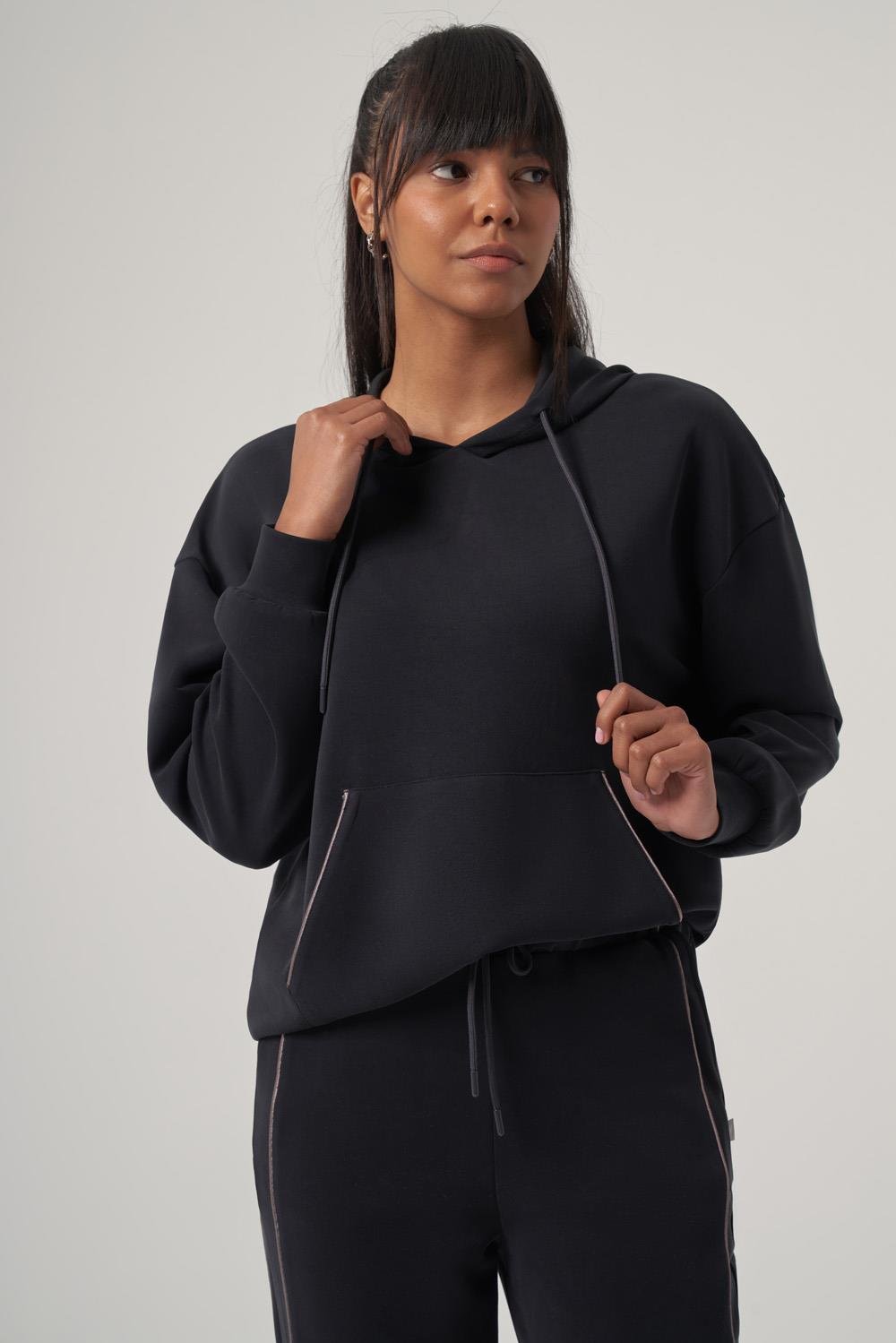 WELLWE-NOVA antrasit modal kumaş ultra relax kapüşonlu hoodie-Sweatshirt