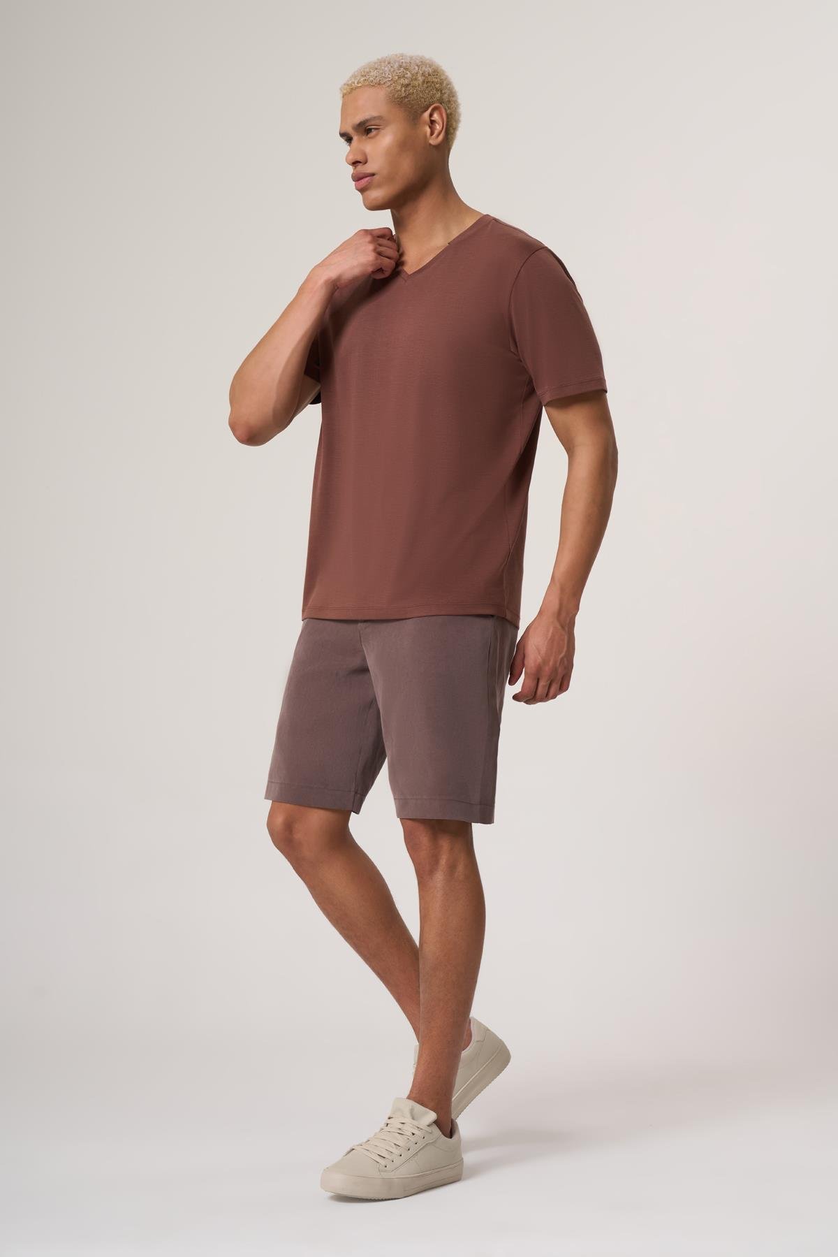 WELLWE-SENO KAHVE  V YAKA DETAYLI CUPRA LİYOSEL TİŞÖRT-T-Shirt & Atlet