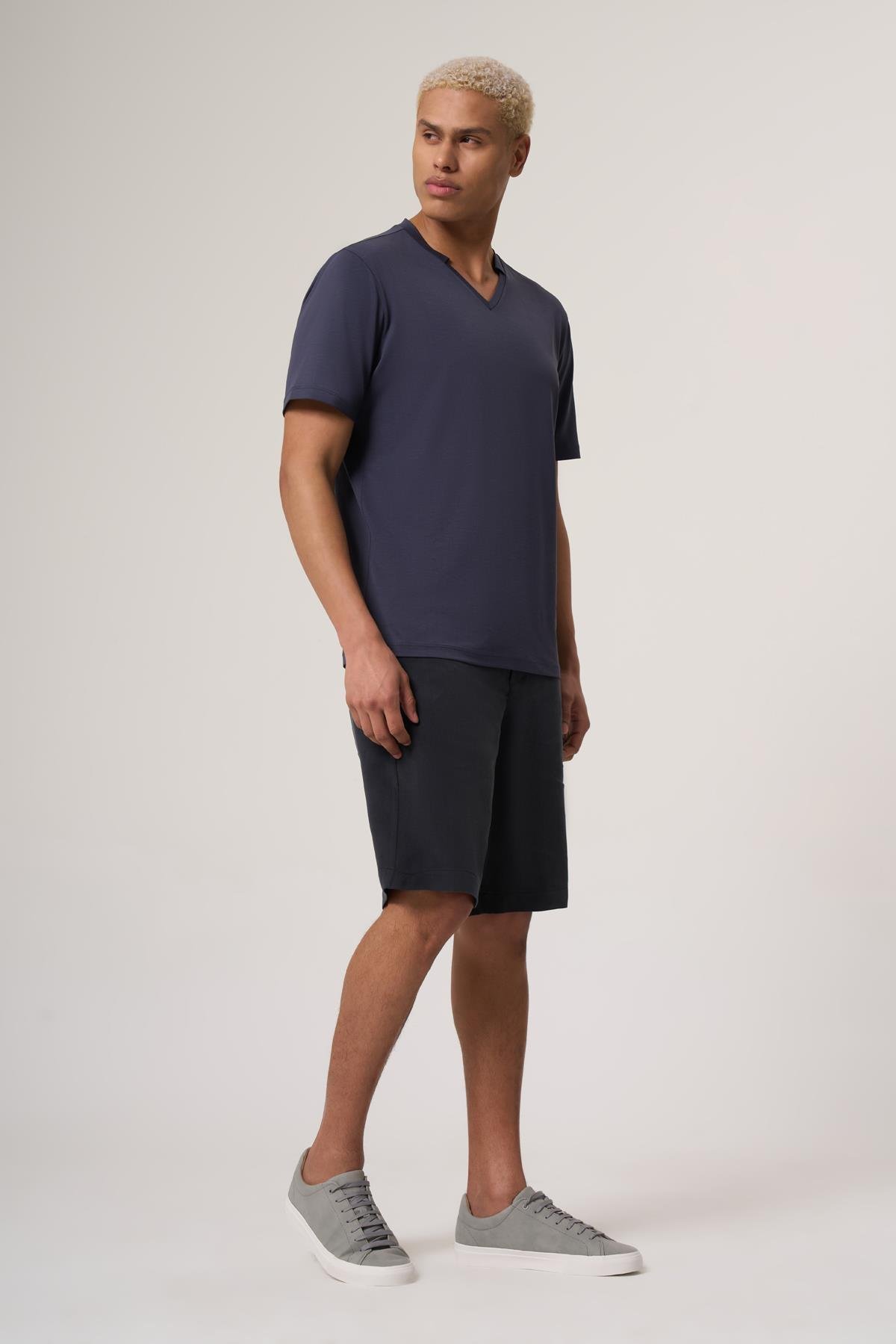 WELLWE-SENO LACİVERT  V YAKA DETAYLI CUPRA LİYOSEL TİŞÖRT-T-Shirt & Atlet