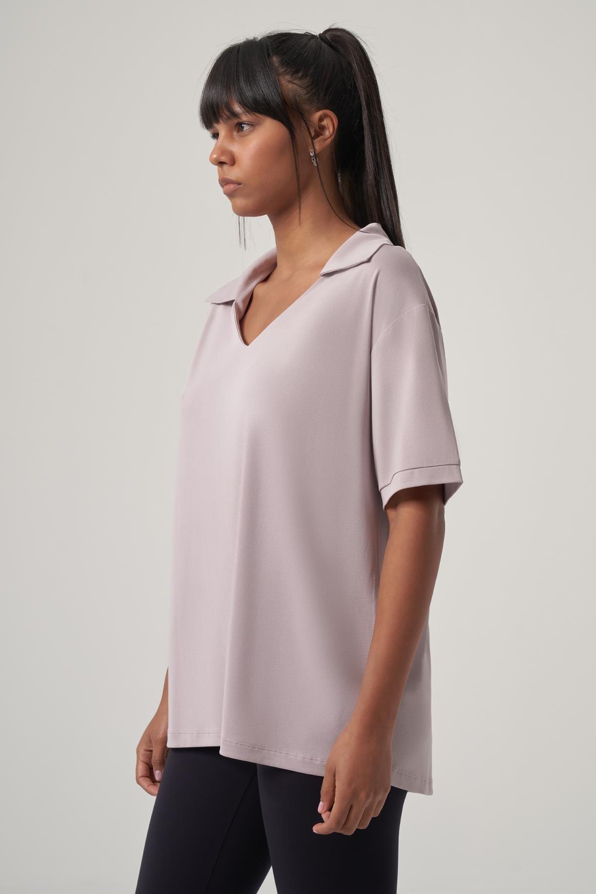 WELLWE-SIRENA gül kurusu soft touch modal içerikli polo yaka oversize tişört-T-Shirt & Atlet