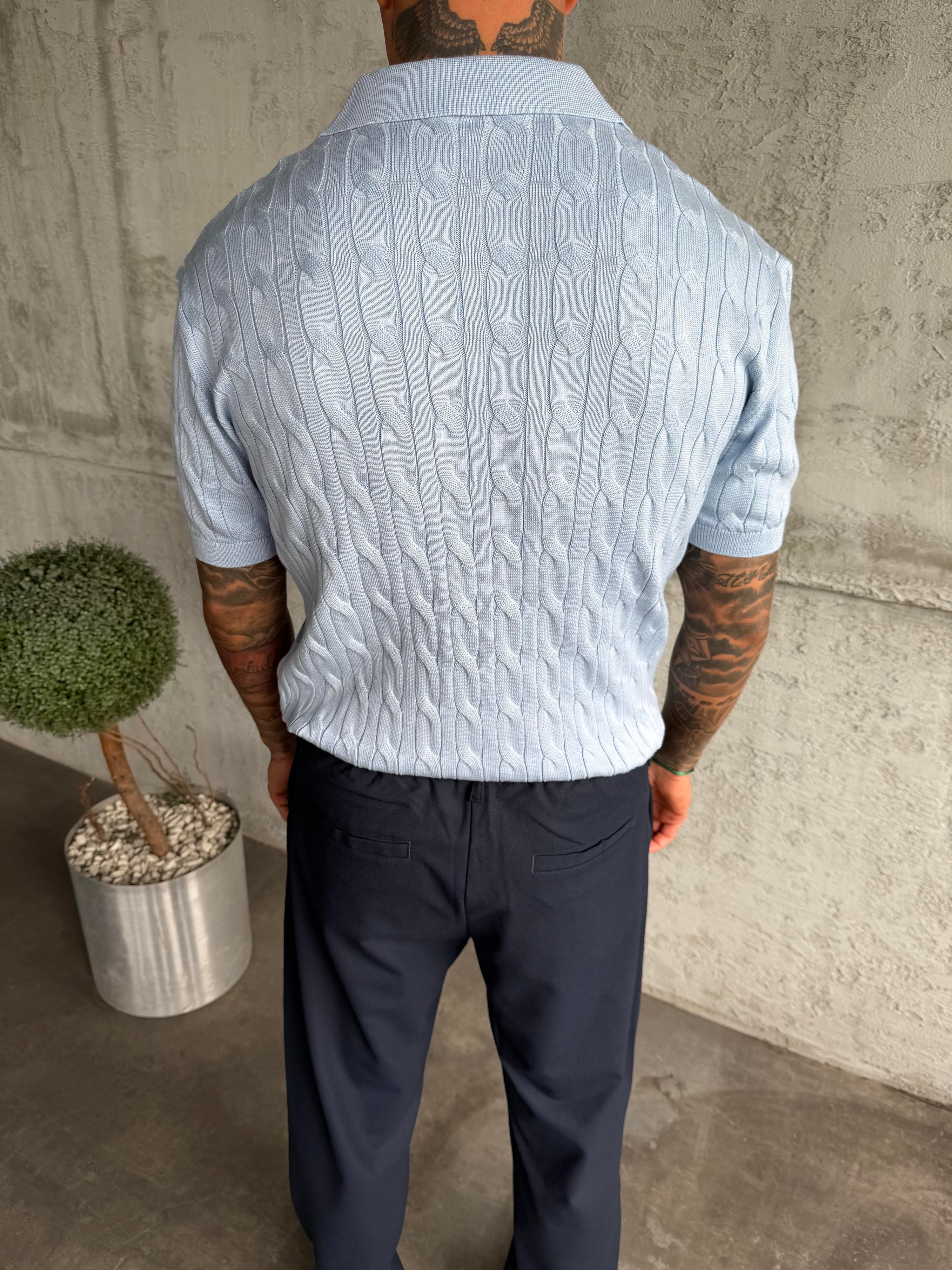 Bebe Mavi Örgü Desenli Polo Yaka Triko T-Shirt