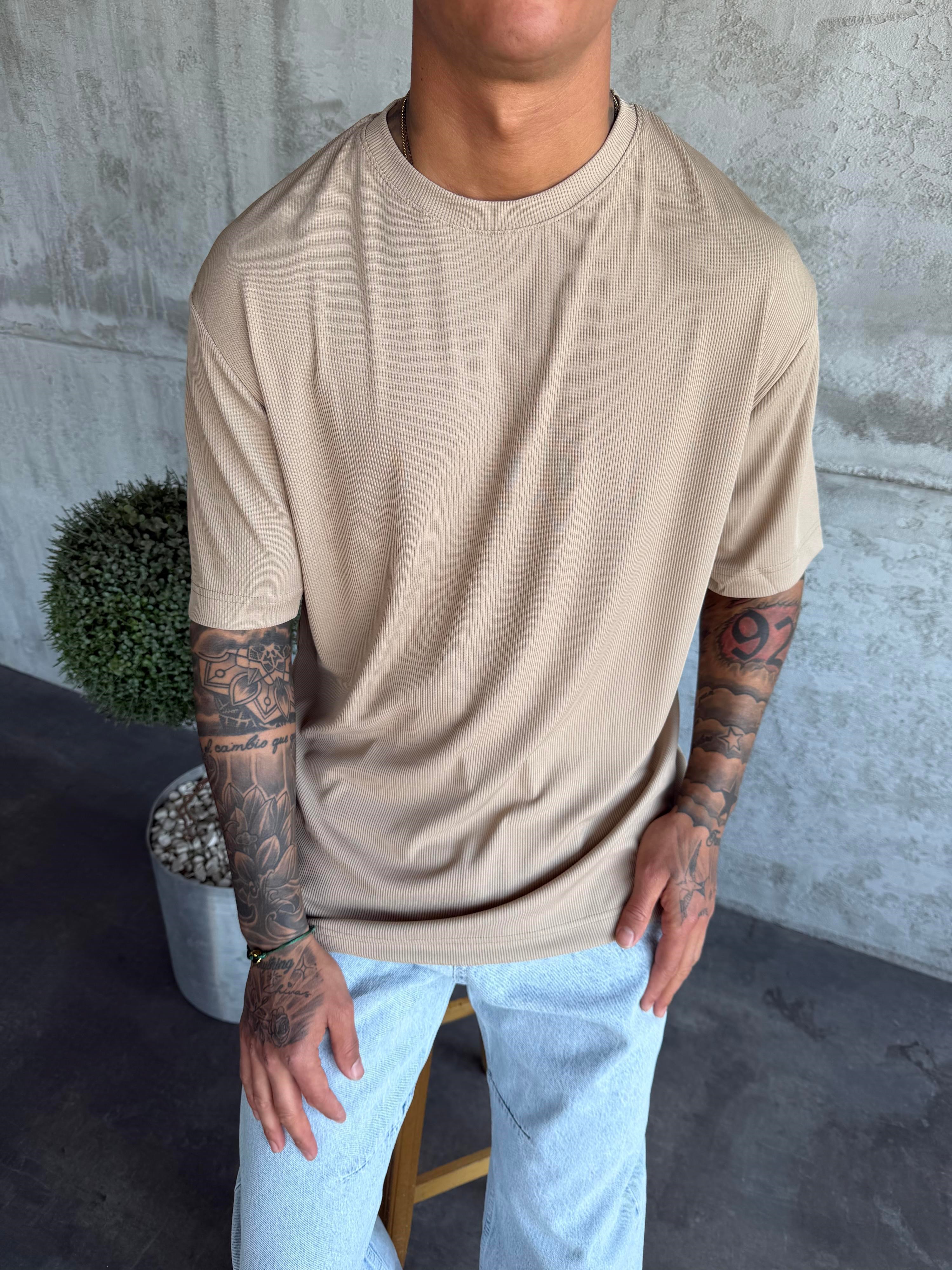 Bej Fitilli Basic T-Shirt