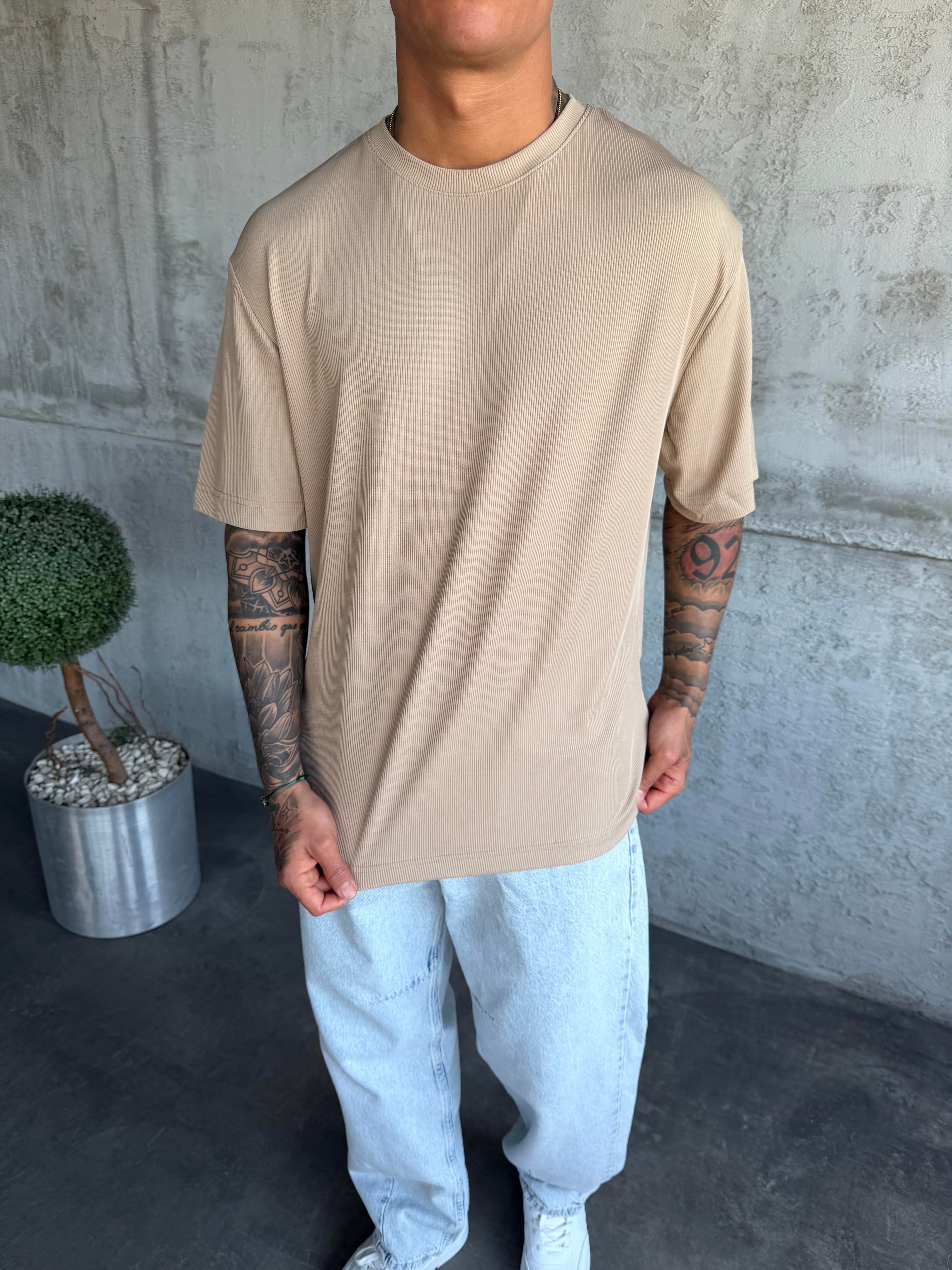 Bej Fitilli Basic T-Shirt