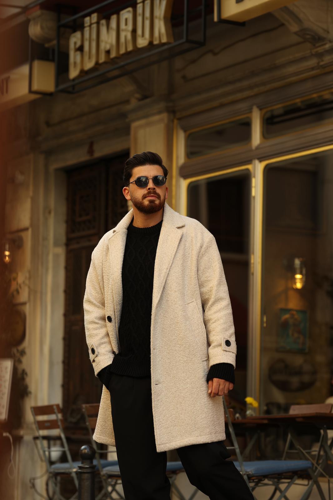 Bej Kırçıllı Oversize Kaşe Kaban