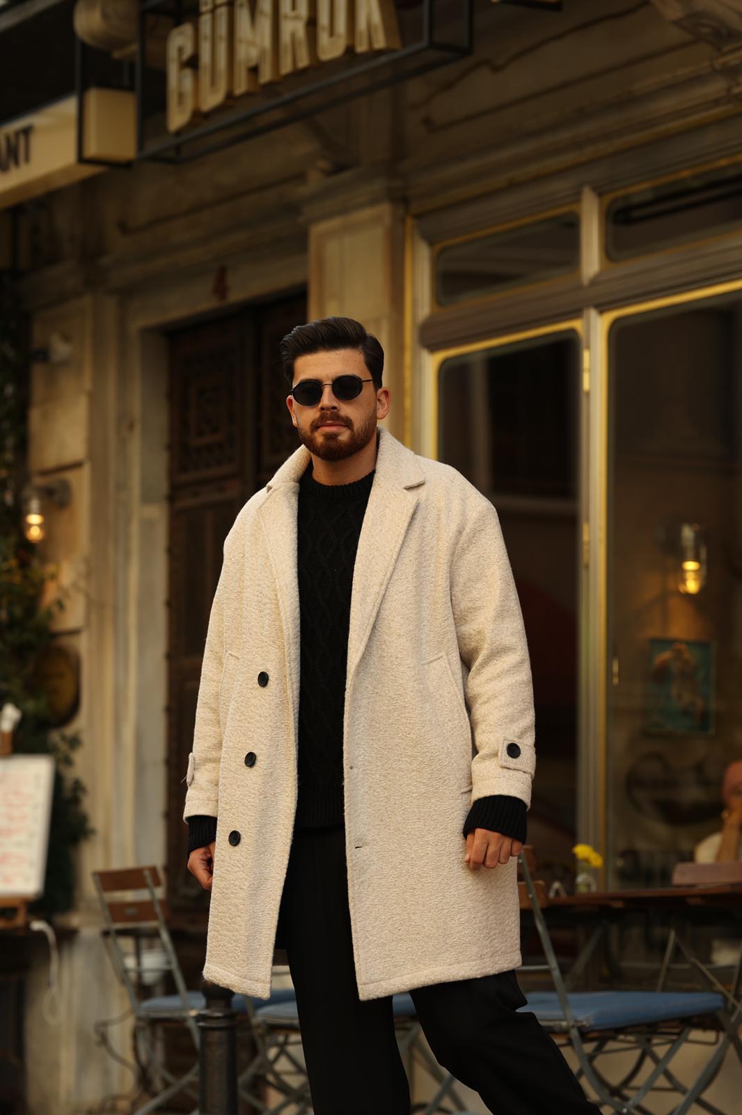 Bej Kırçıllı Oversize Kaşe Kaban