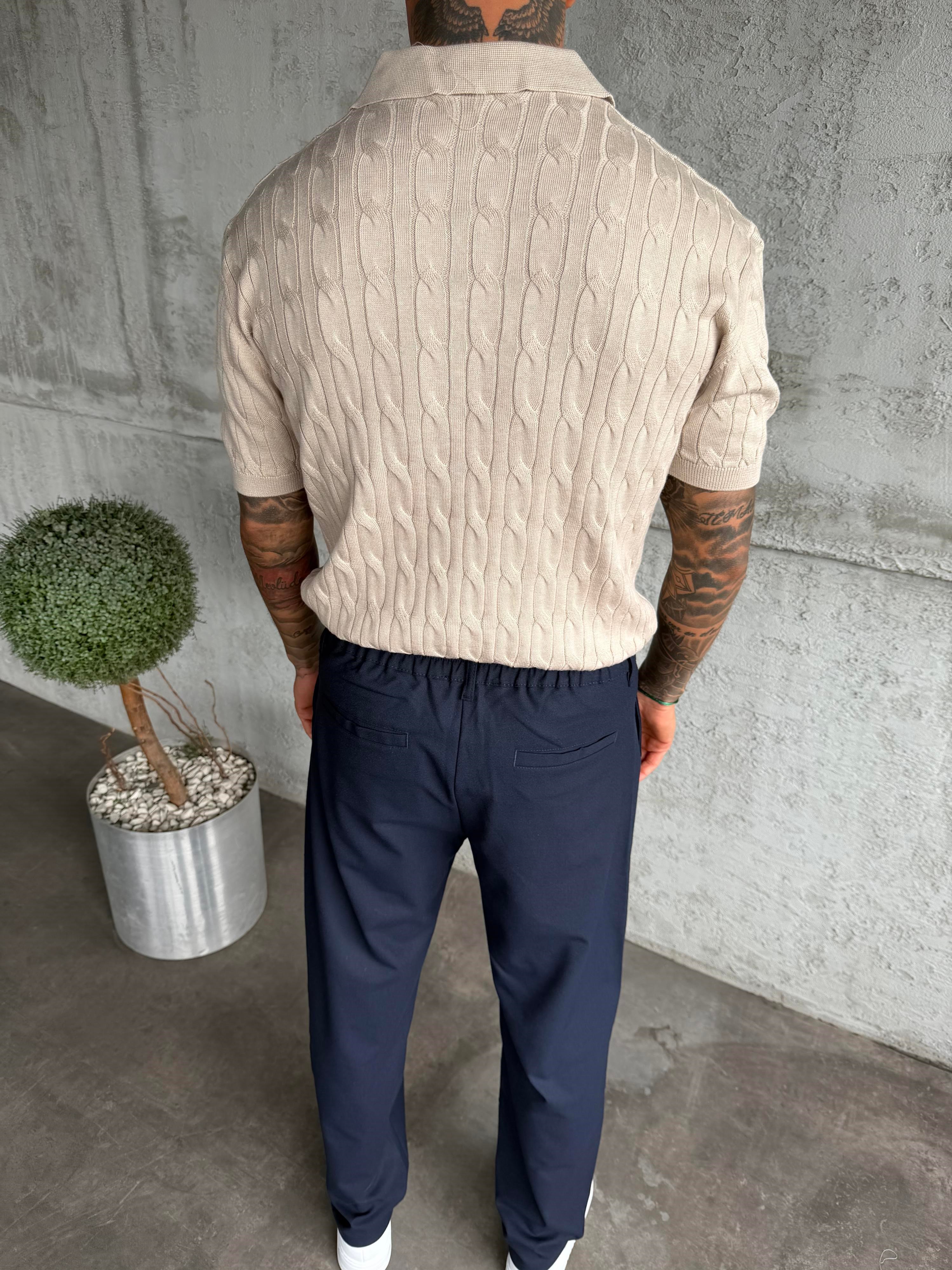 Bej Örgü Desenli Polo Yaka Triko T-Shirt