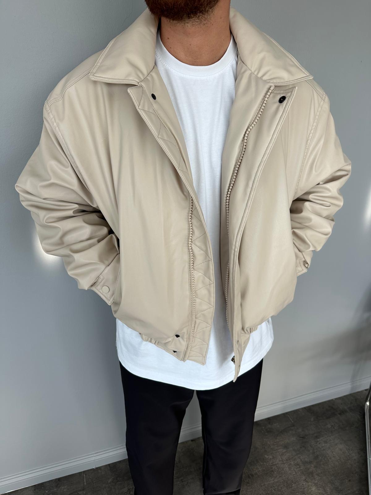Bej Oversize Şişme Deri Mont