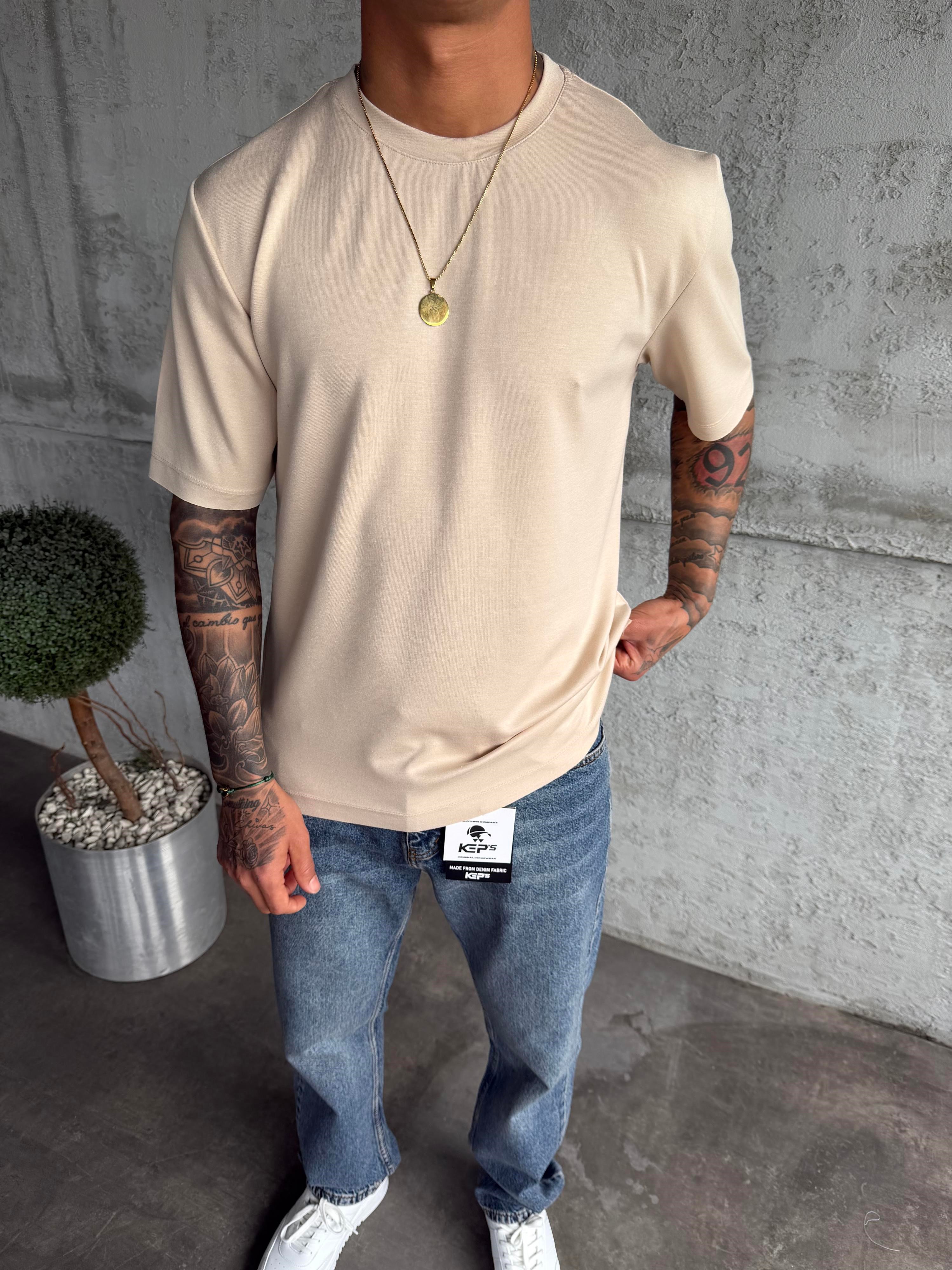Bej Premium Kumaş Basic T-Shirt