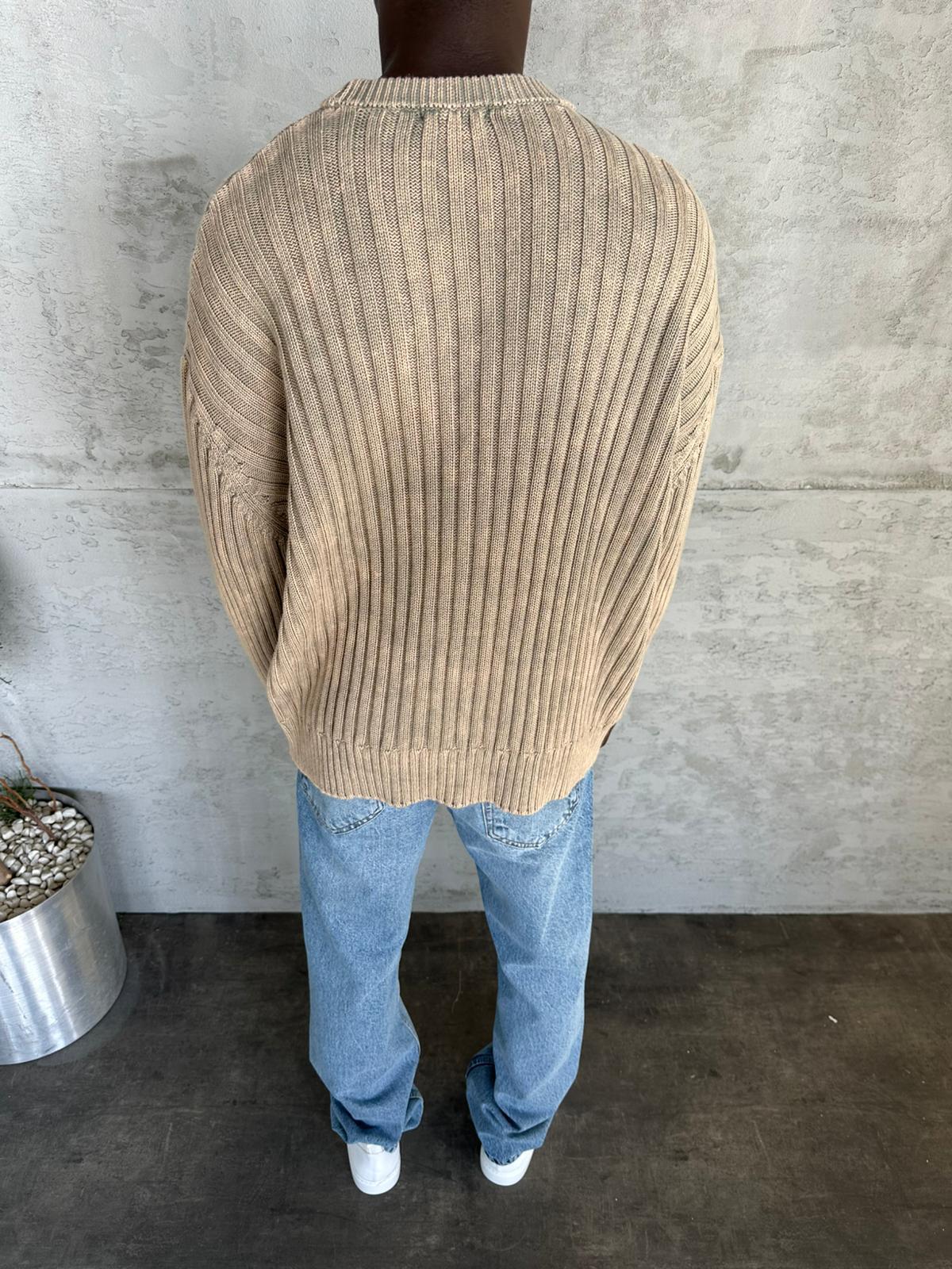 Bej Yıkamalı Örme Triko Kazak