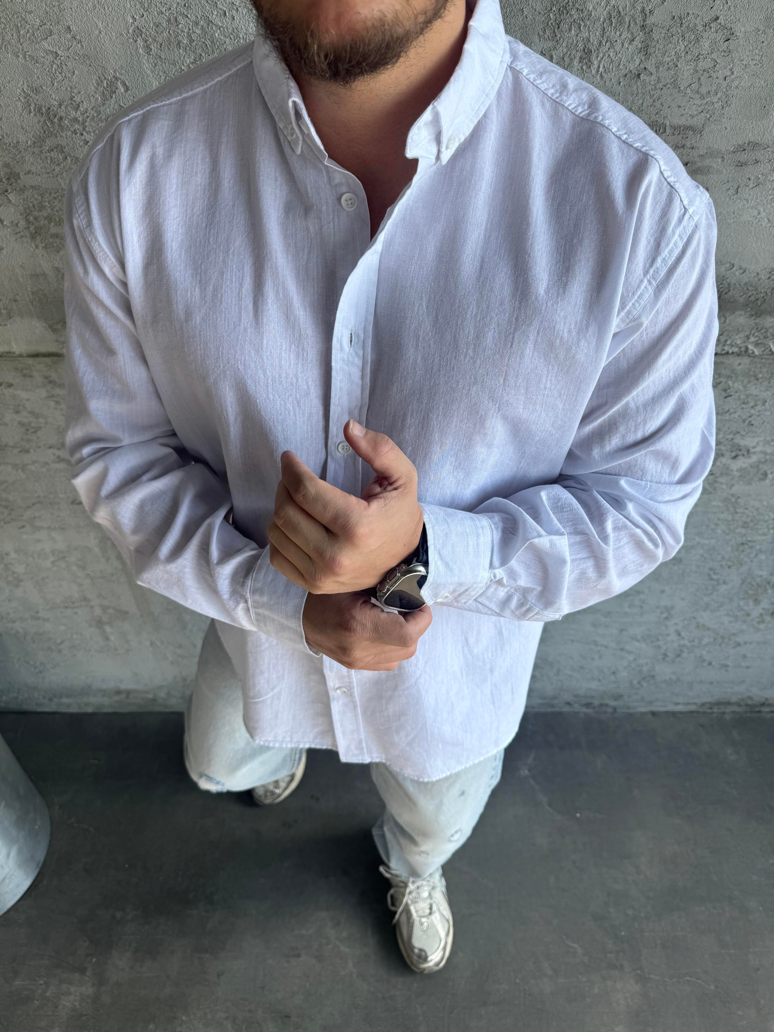 Beyaz Fresh Keten Basic Gömlek