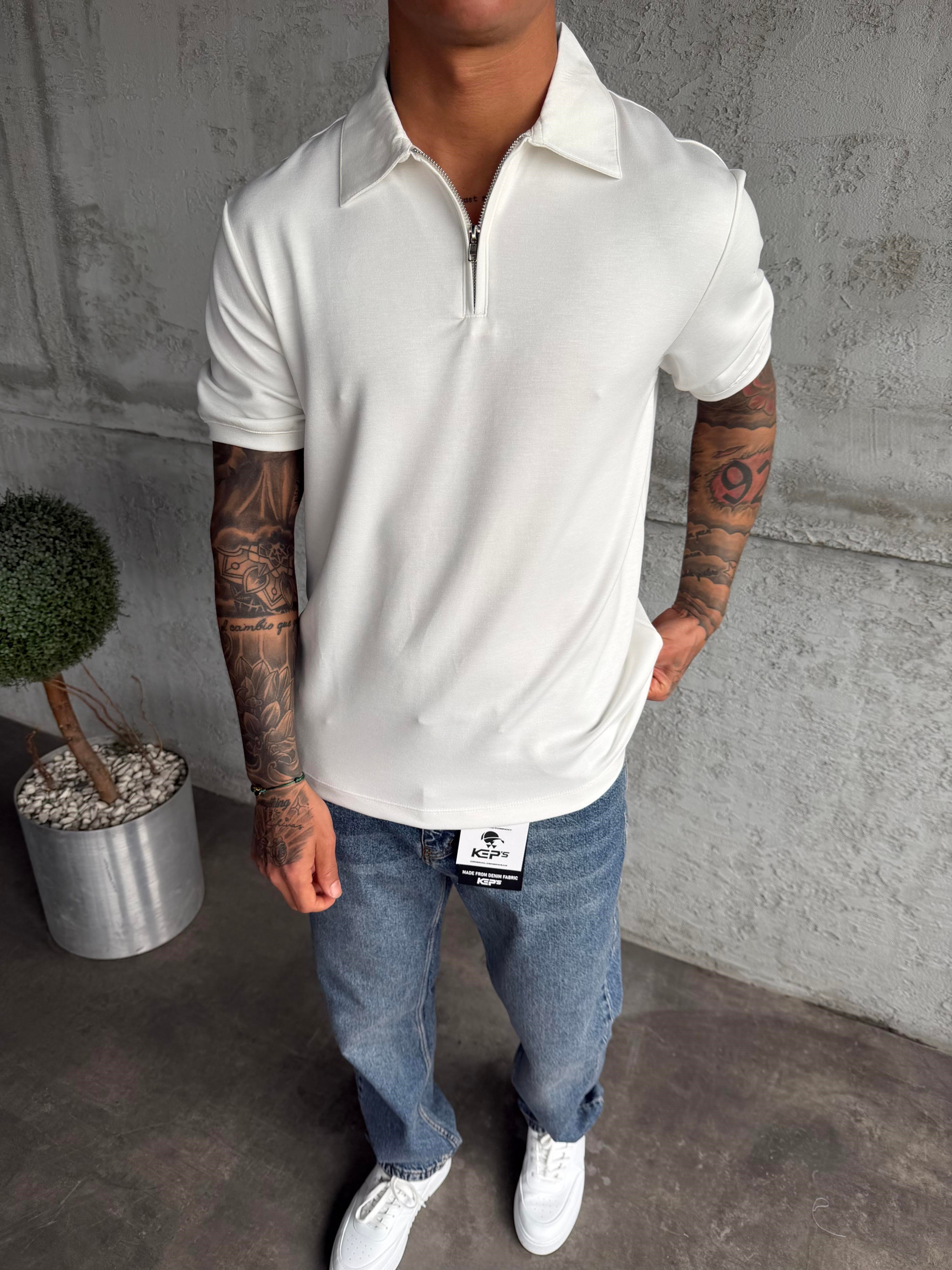 Beyaz Polo Yaka Basic T-Shirt