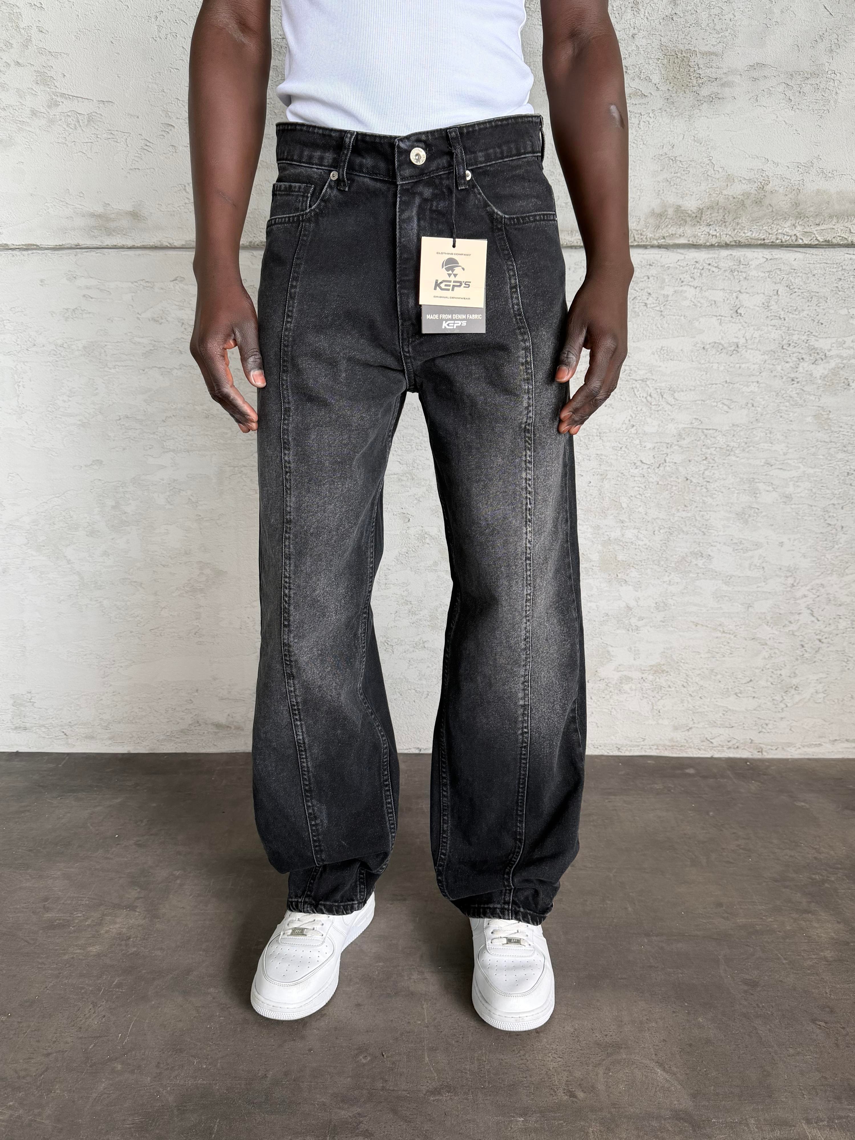Dikiş Detaylı Antrasit Taşlamalı Relax Baggy Jean