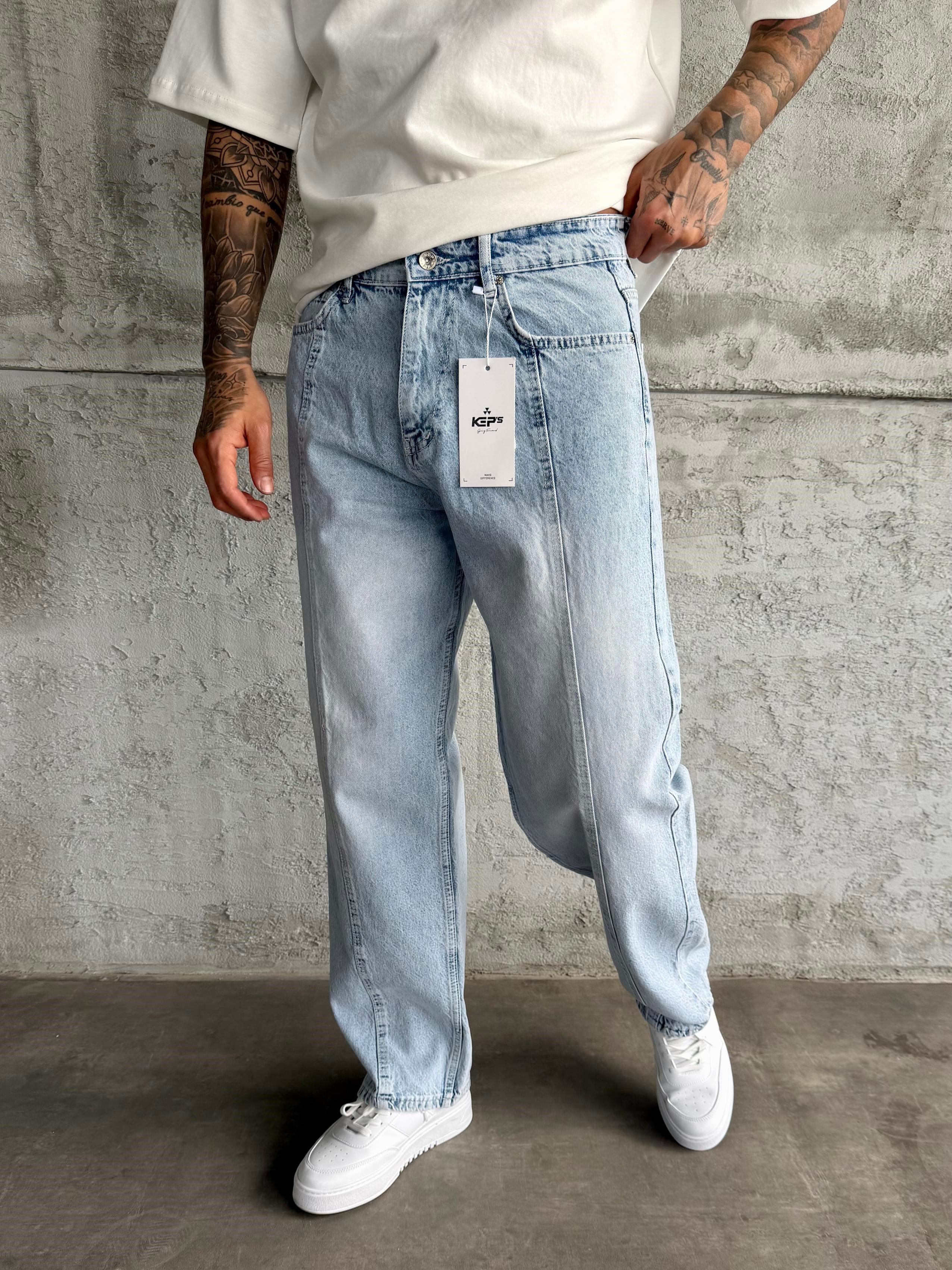 Dikiş Detaylı Buz Mavi Relax Baggy Jean