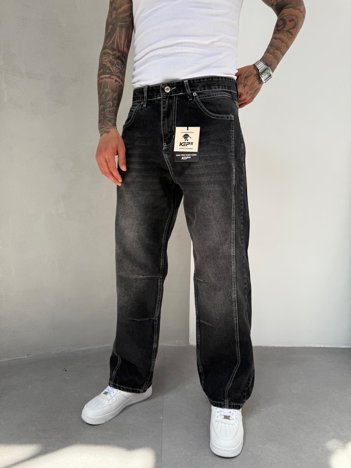 Dikiş Detaylı Füme Taşlamalı Relax Baggy Jean