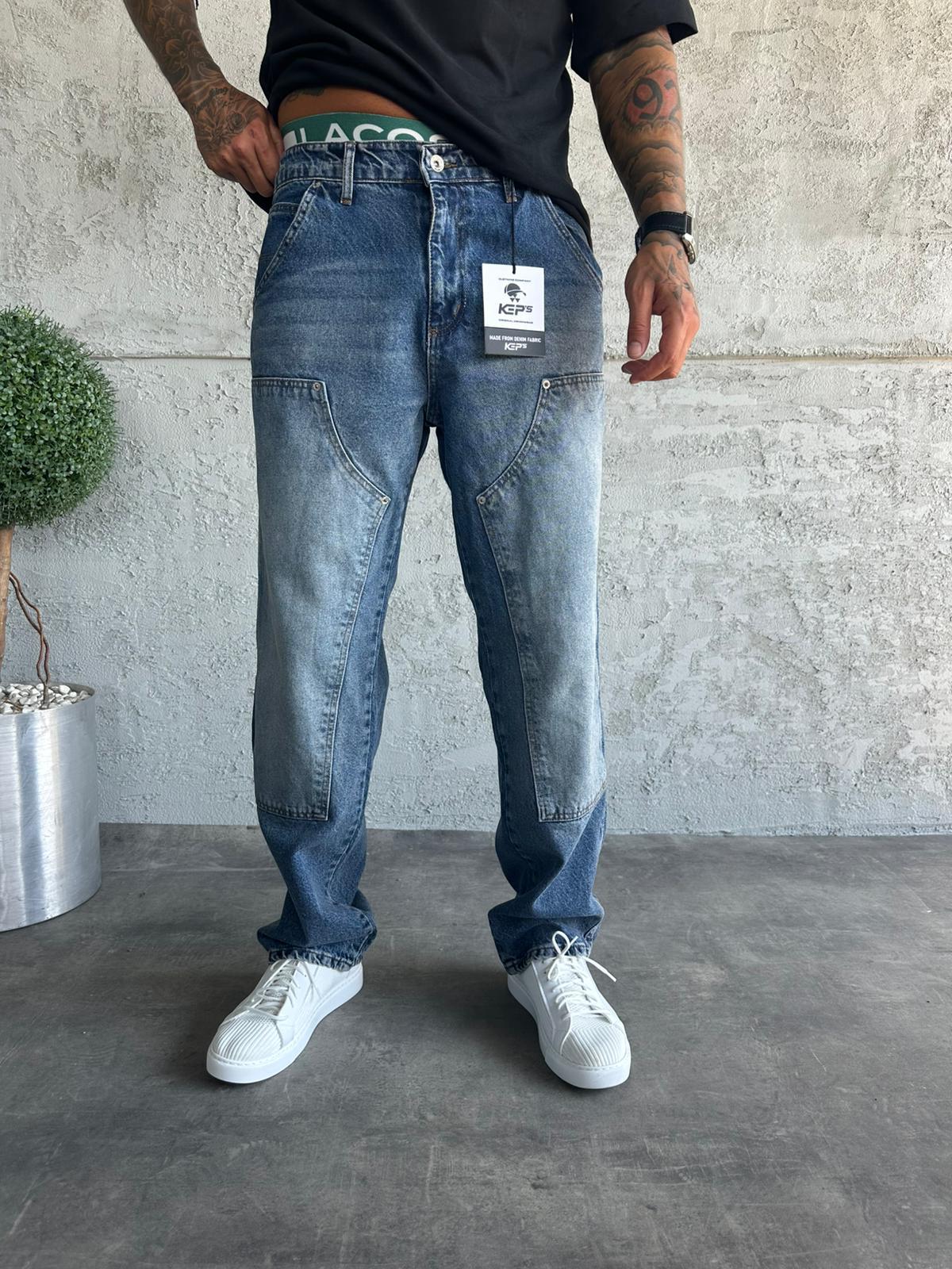 Dikiş Detaylı Lacivert Taşlamalı Relax Baggy Jean