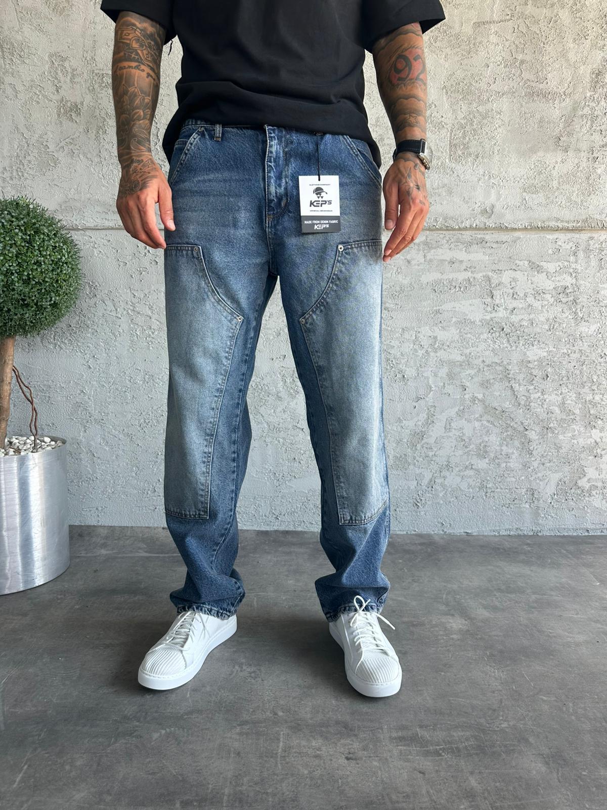 Dikiş Detaylı Lacivert Taşlamalı Relax Baggy Jean