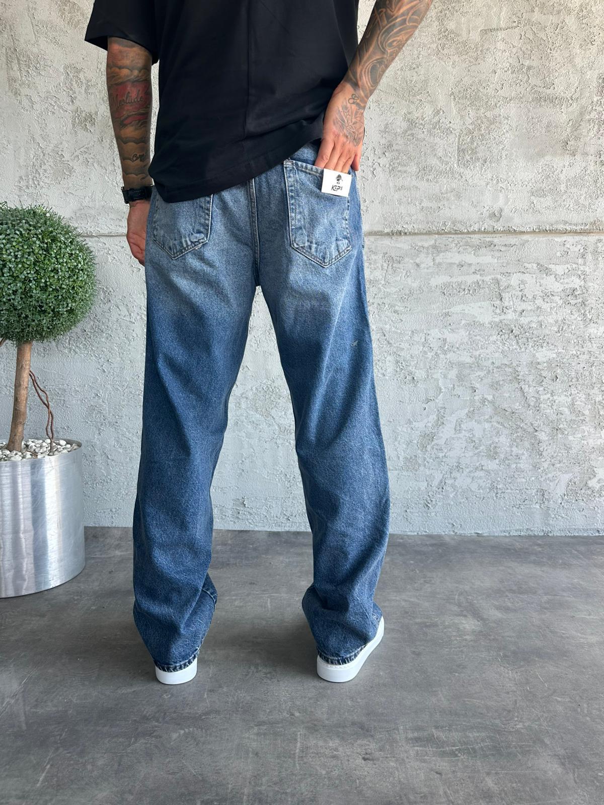 Dikiş Detaylı Lacivert Taşlamalı Relax Baggy Jean
