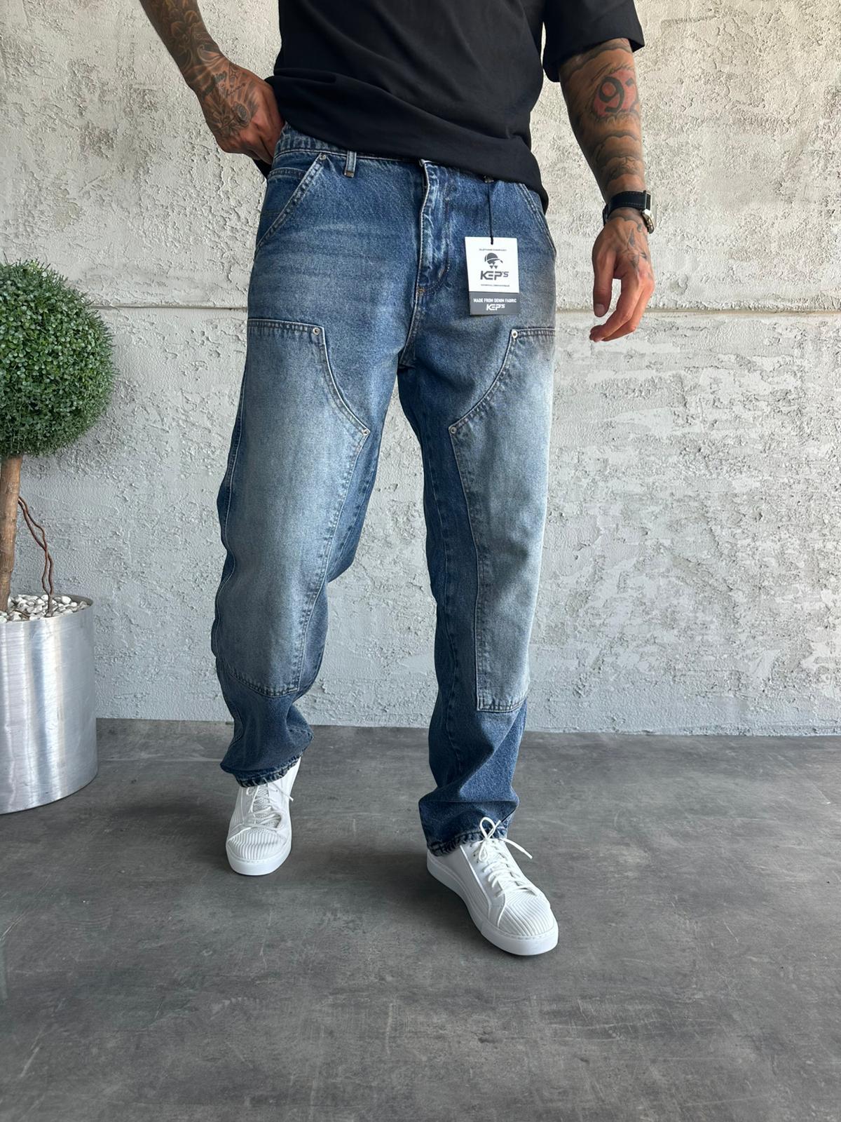 Dikiş Detaylı Lacivert Taşlamalı Relax Baggy Jean