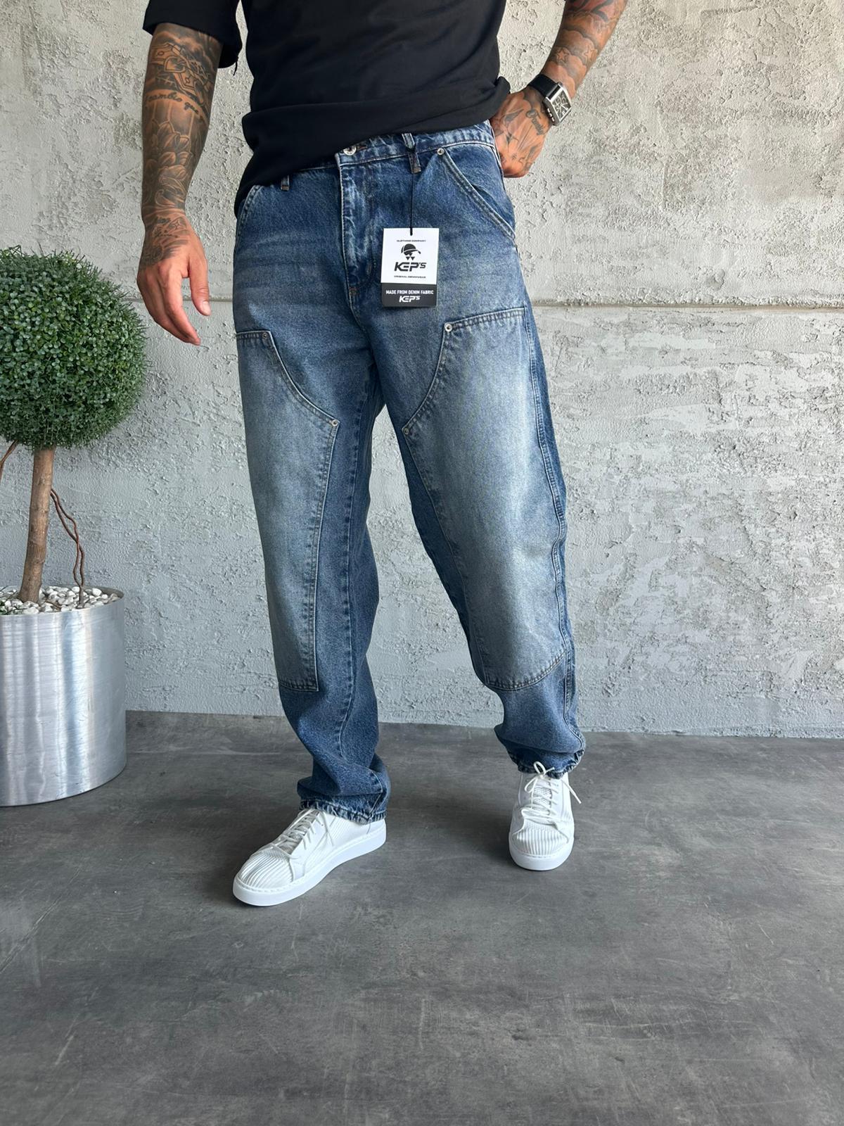 Dikiş Detaylı Lacivert Taşlamalı Relax Baggy Jean