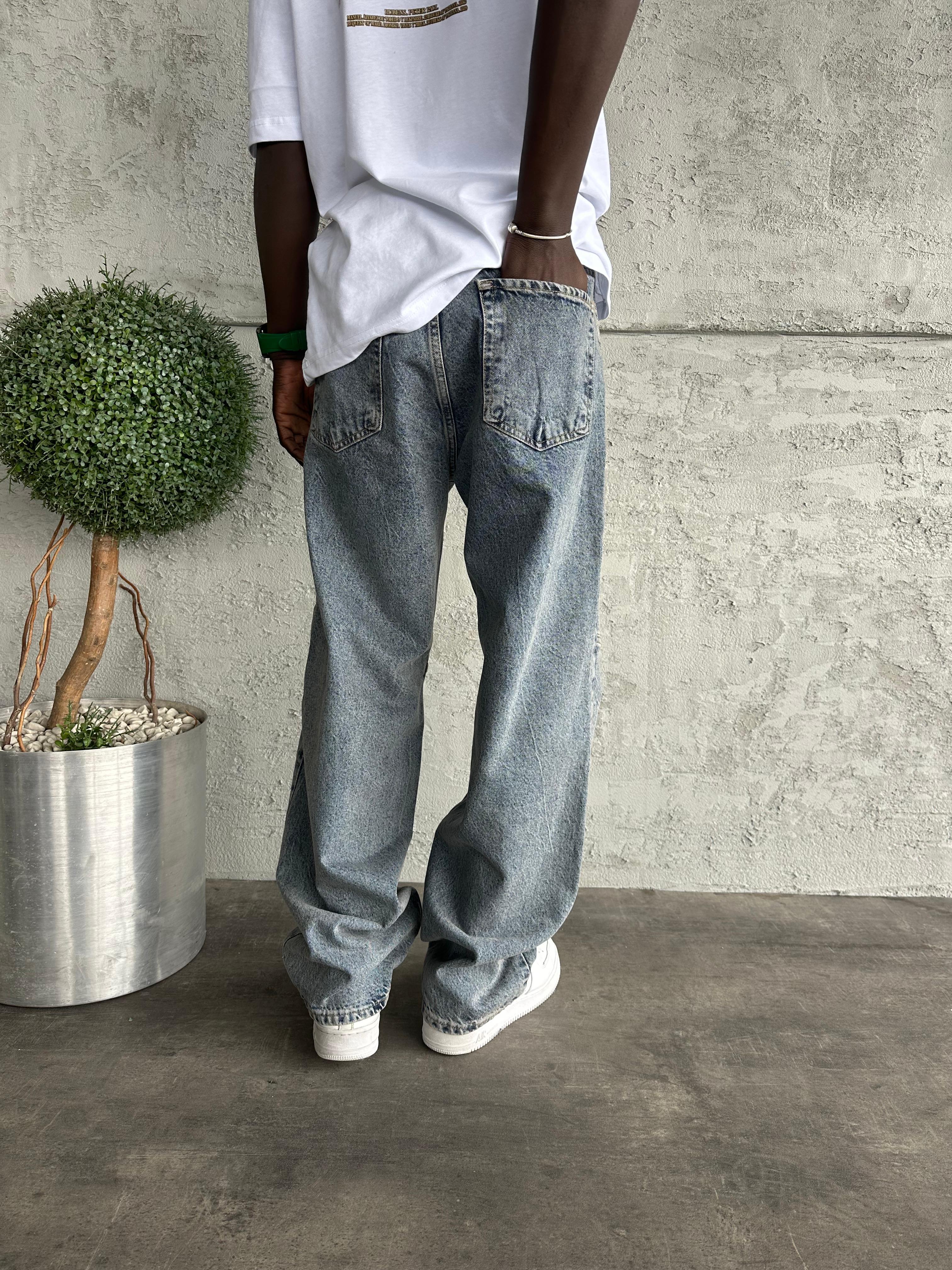 Dikiş Detaylı Mavi Yıkamalı Relax Baggy Jean