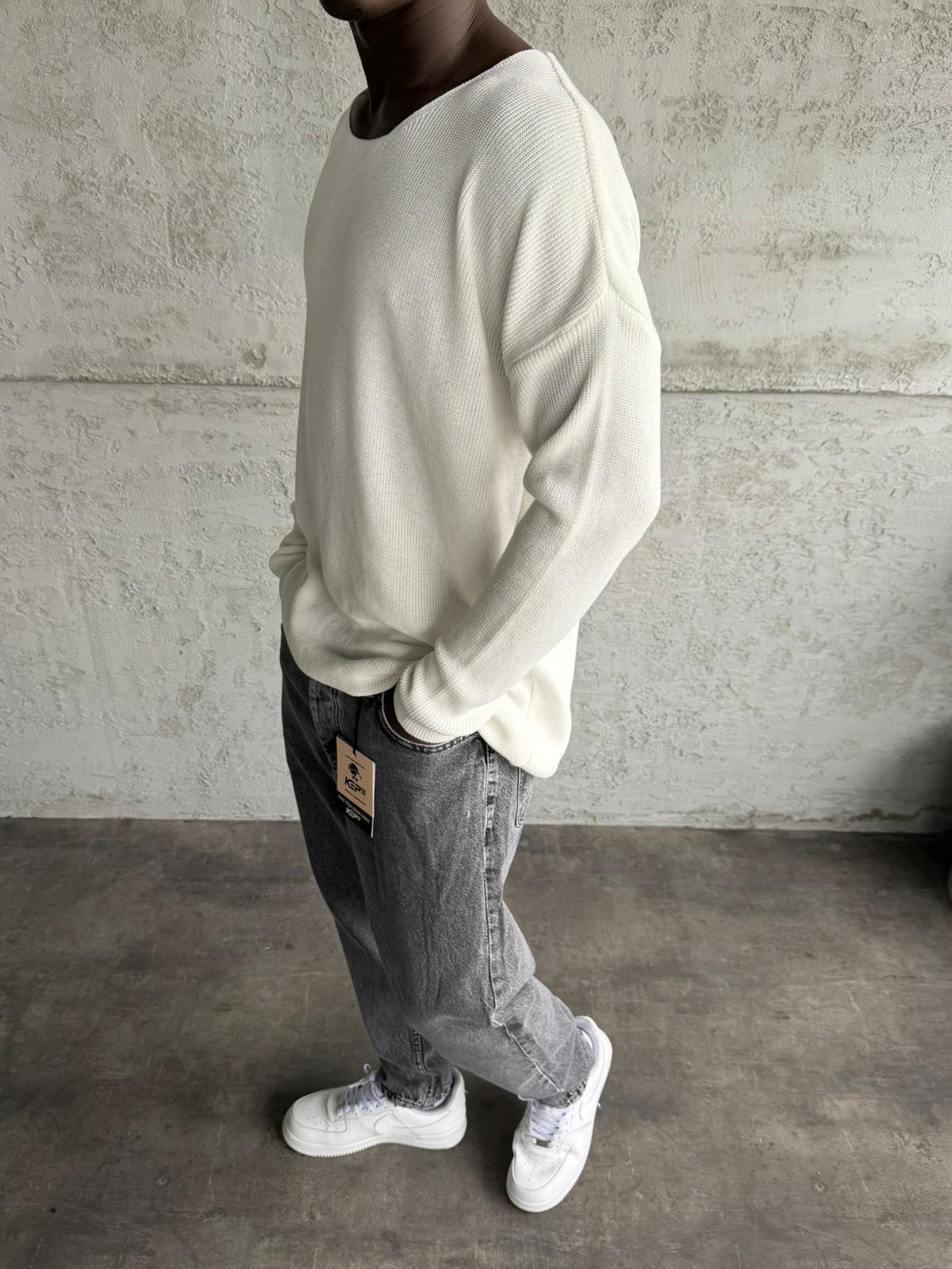 Ekru Açık Yaka Oversize Triko