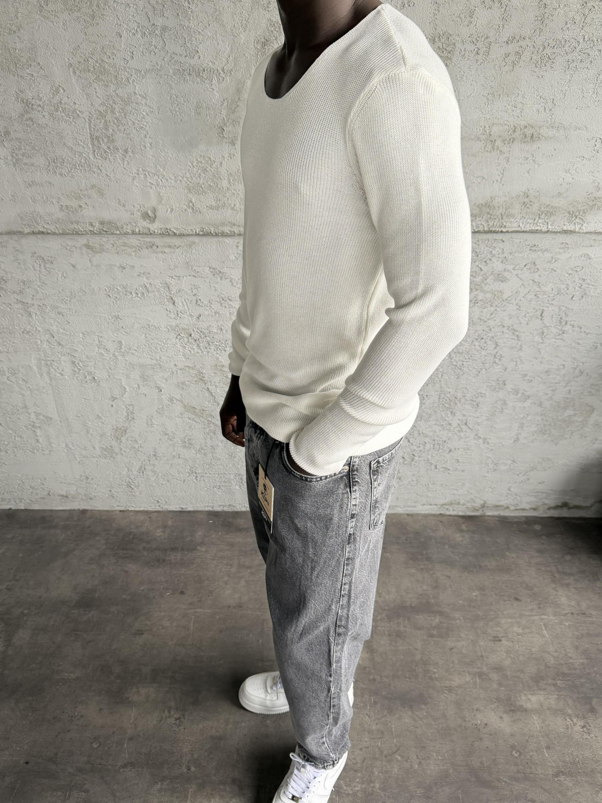 Ekru Açık Yaka Slimfit Triko