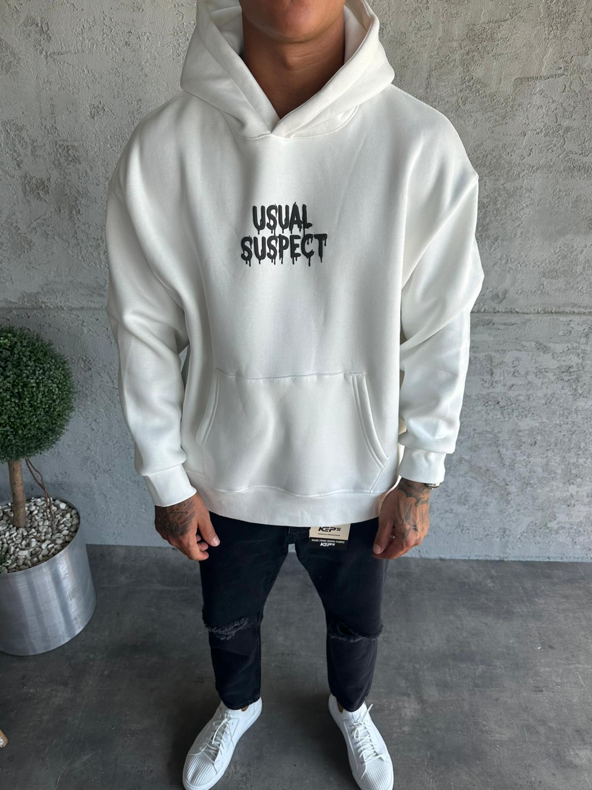 Ekru Kapüşonlu Şardonlu Baskılı Sweatshirt