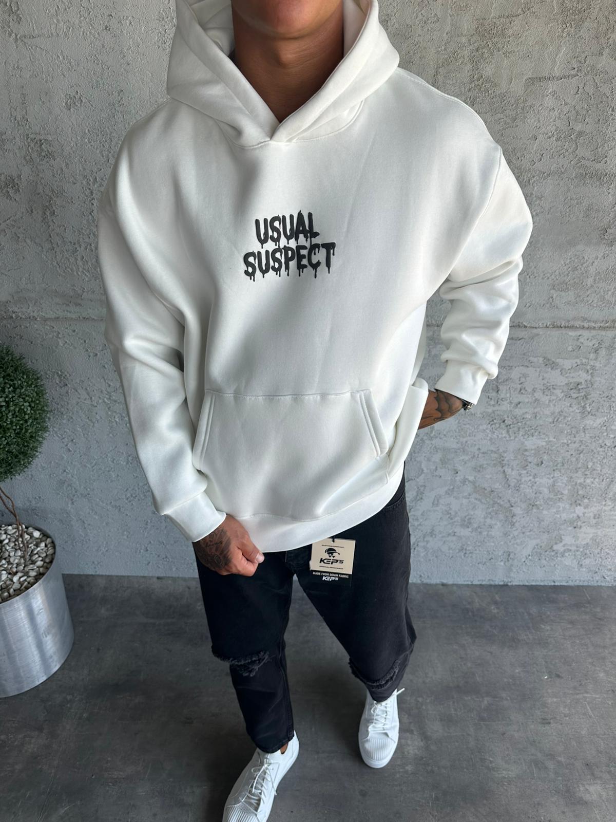 Ekru Kapüşonlu Şardonlu Baskılı Sweatshirt
