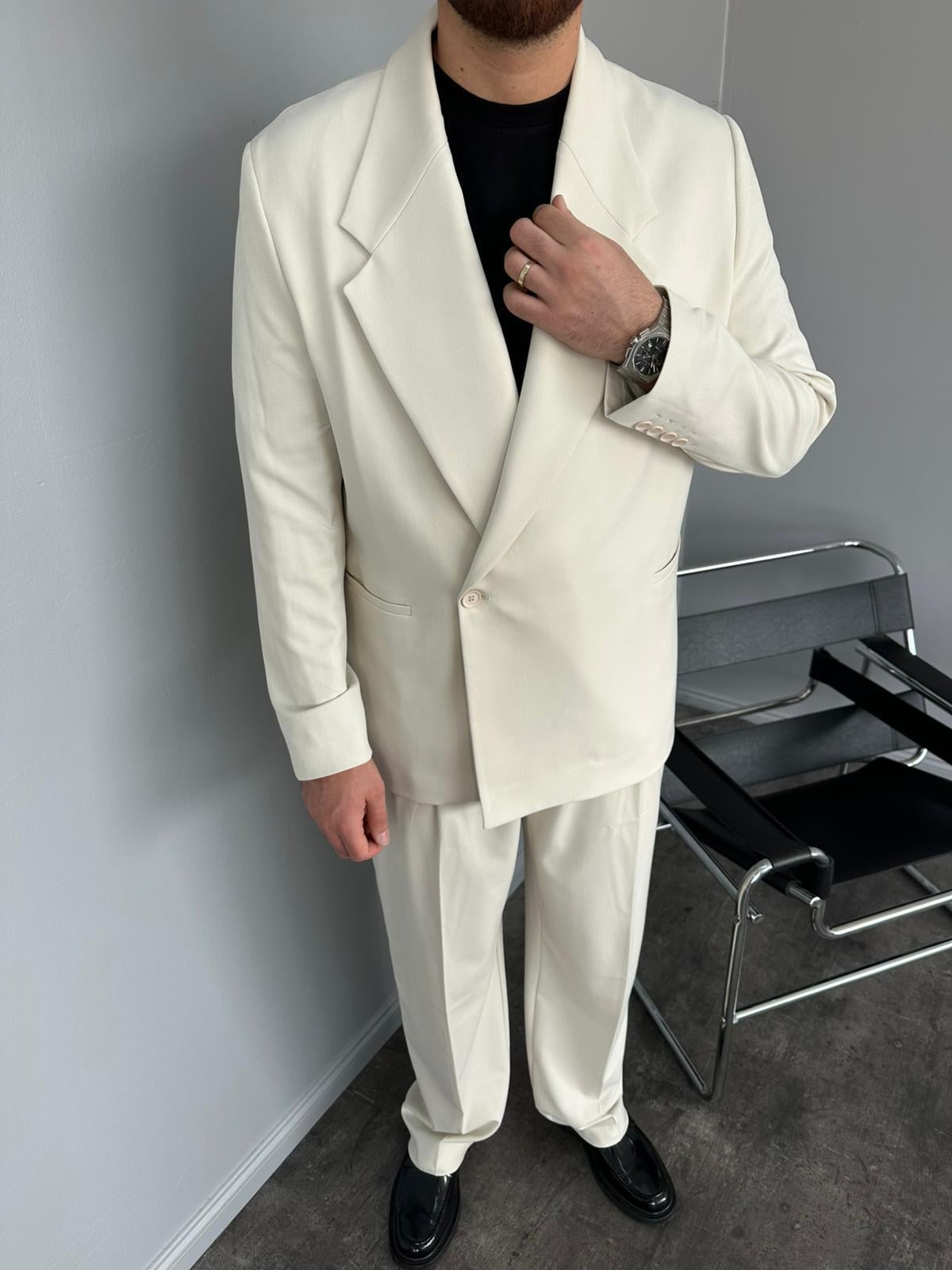 Ekru Kruvaze Oversize Takım Elbise