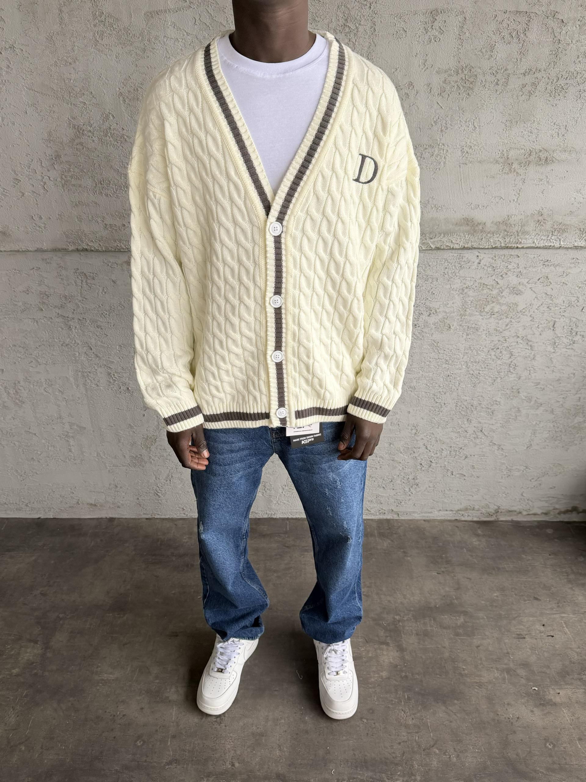 Füme Şeritli Ekru Düğmeli Örme Hırka