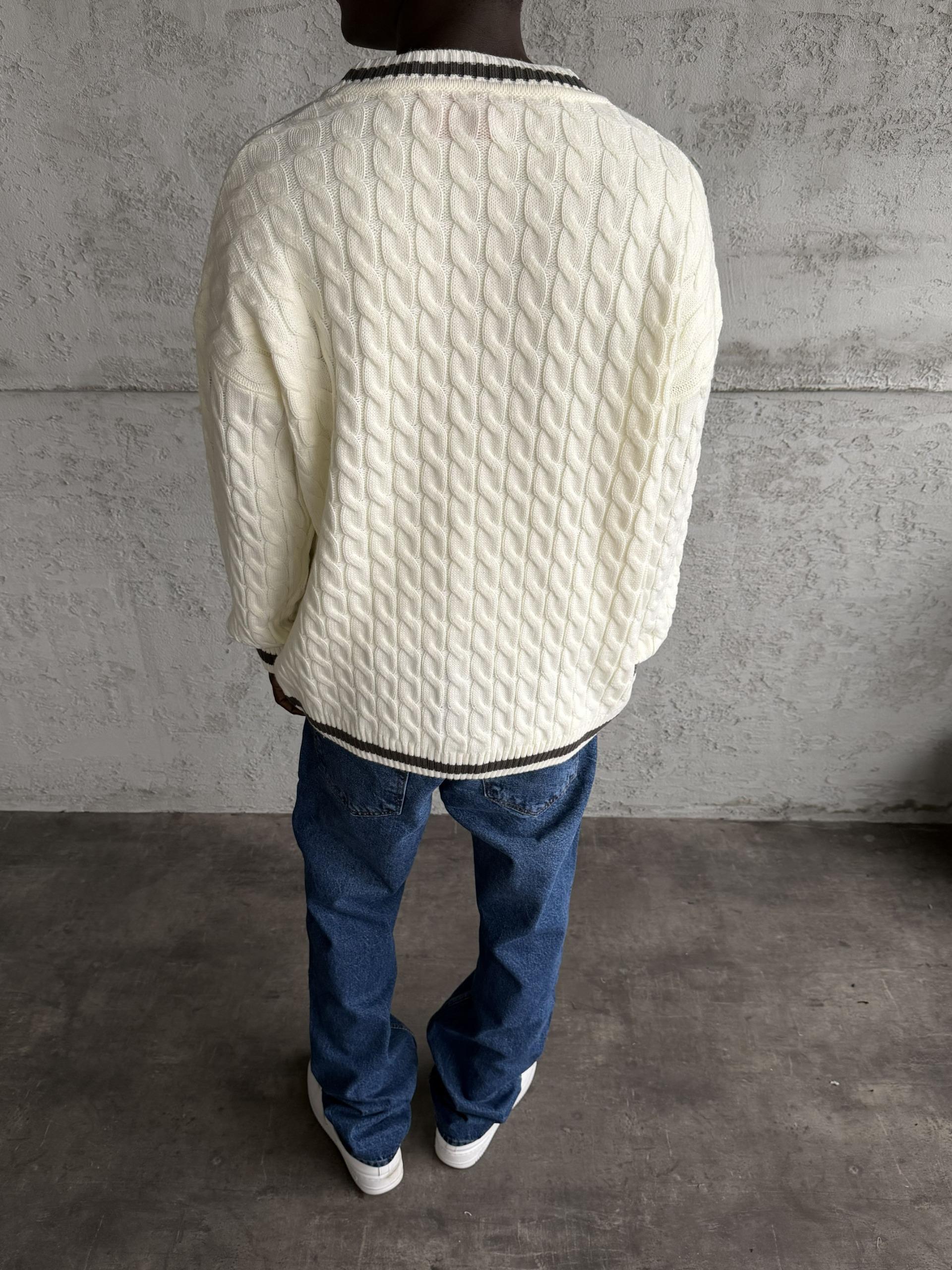 Füme Şeritli Ekru Düğmeli Örme Hırka