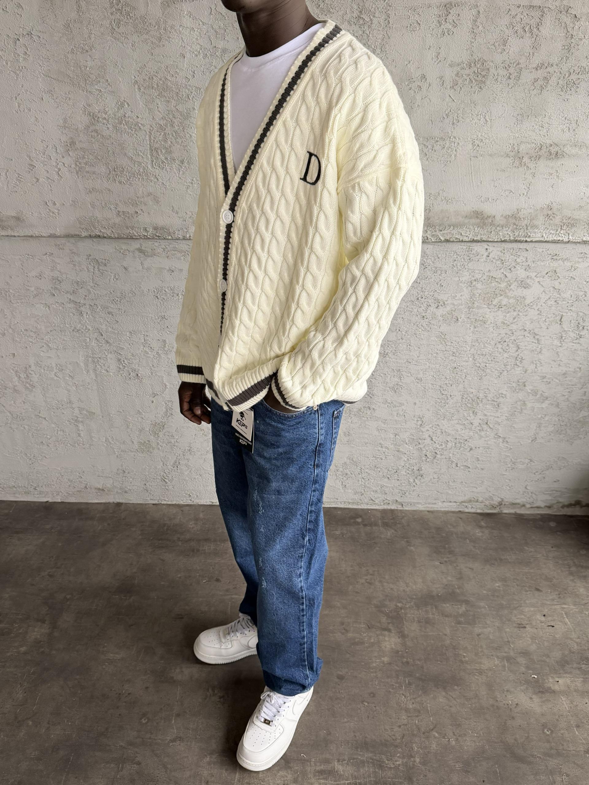 Füme Şeritli Ekru Düğmeli Örme Hırka