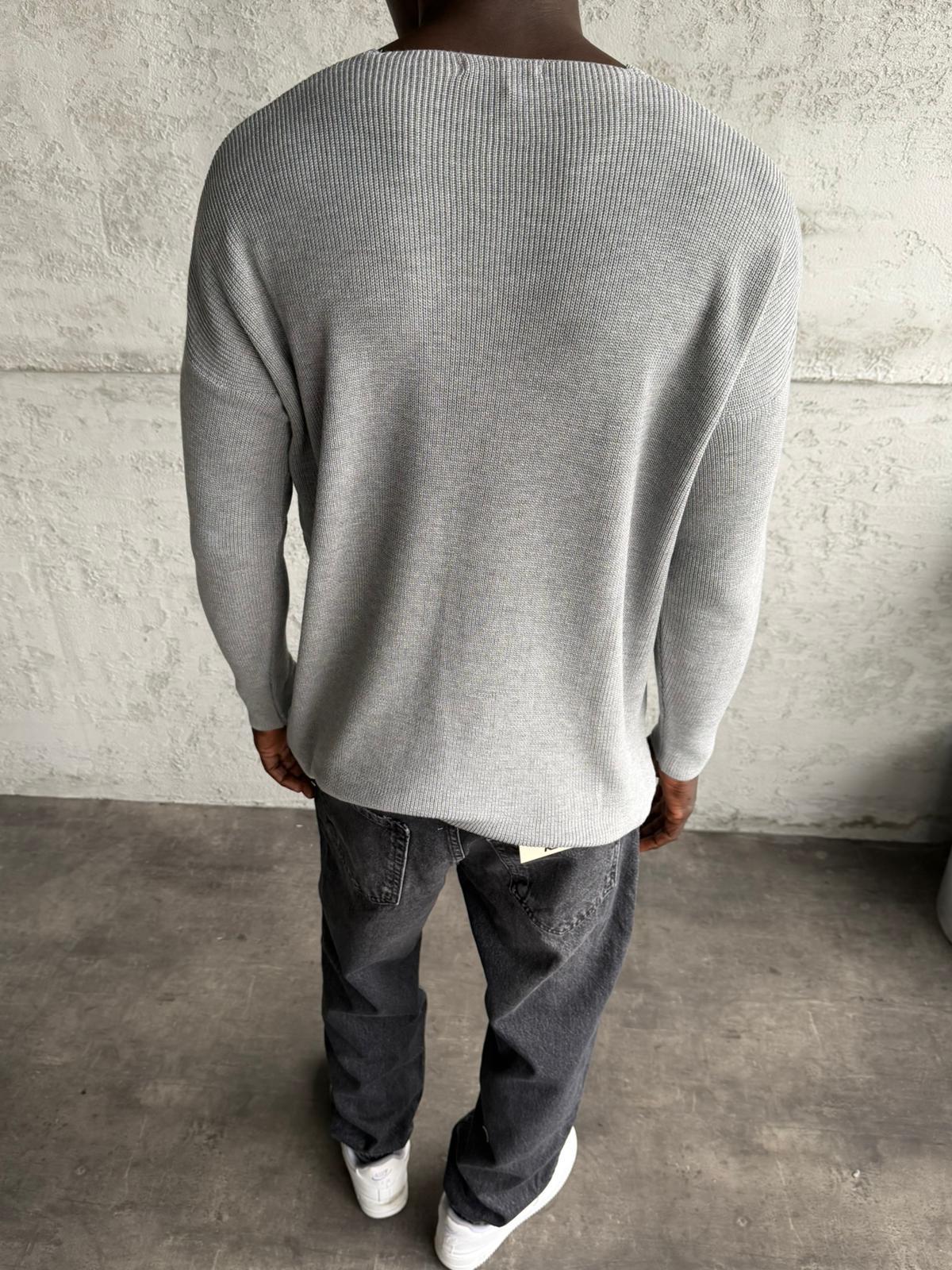 Gri Açık Yaka Oversize Triko