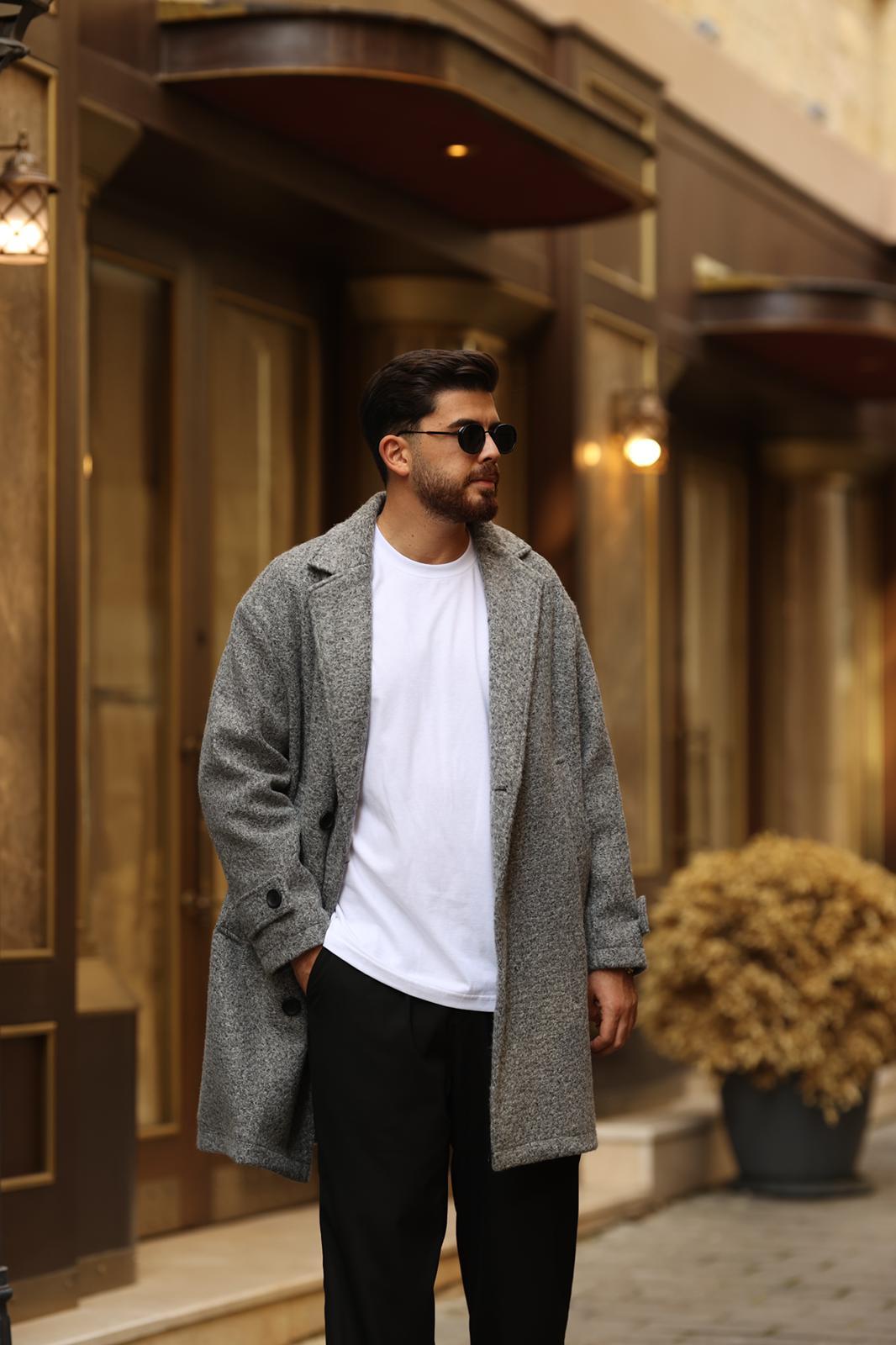 Gri Kırçıllı Oversize Kaşe Kaban