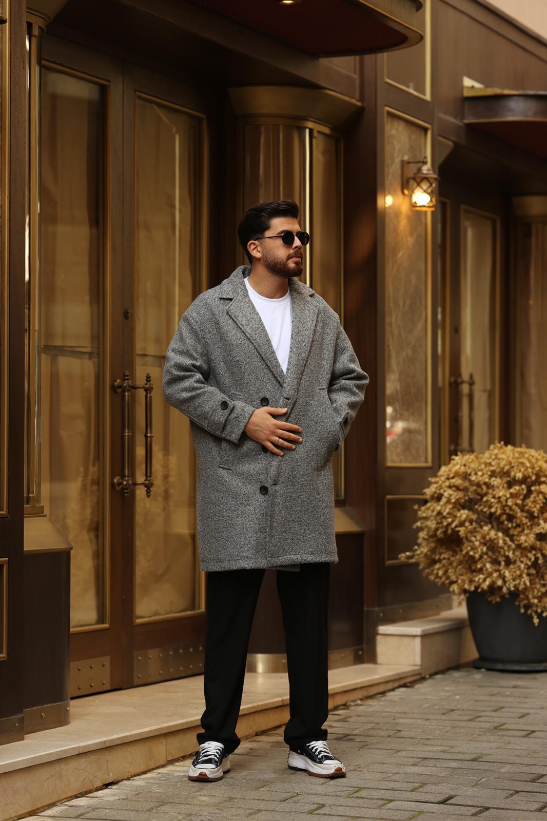 Gri Kırçıllı Oversize Kaşe Kaban