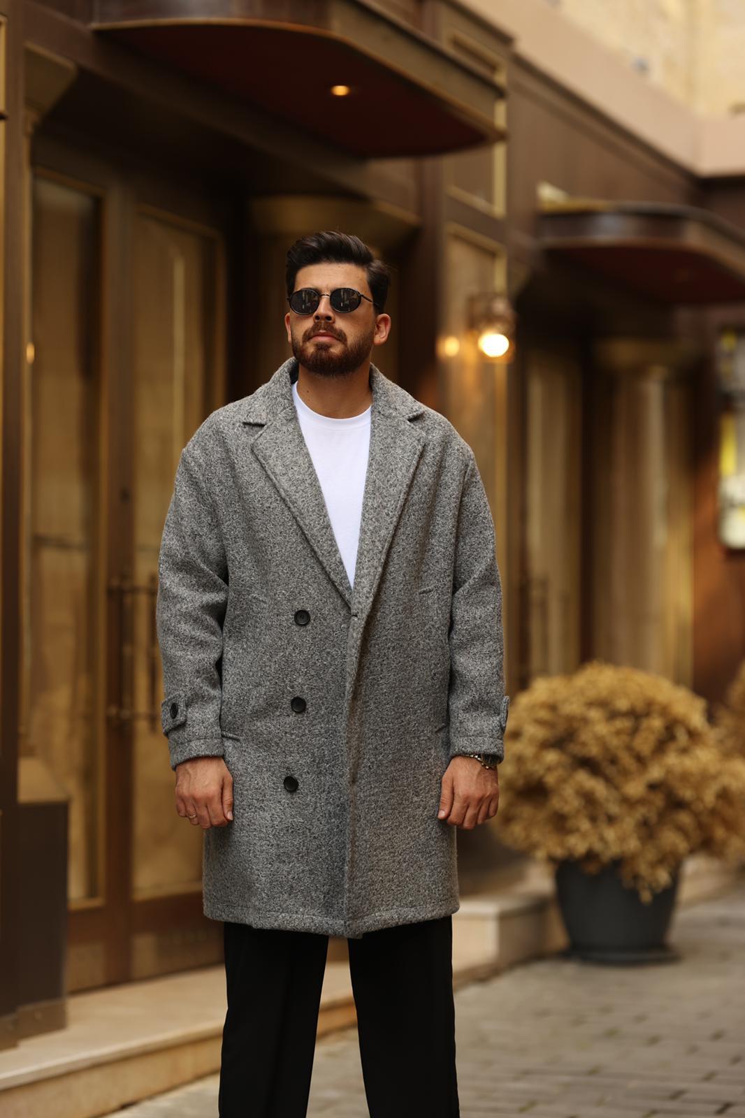 Gri Kırçıllı Oversize Kaşe Kaban