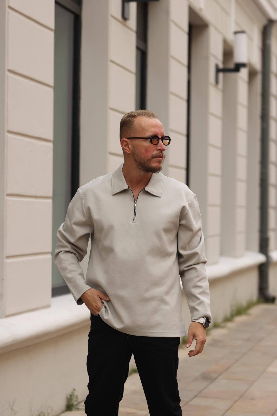 Gri Polo Yaka Fermuarlı Sweatshirt