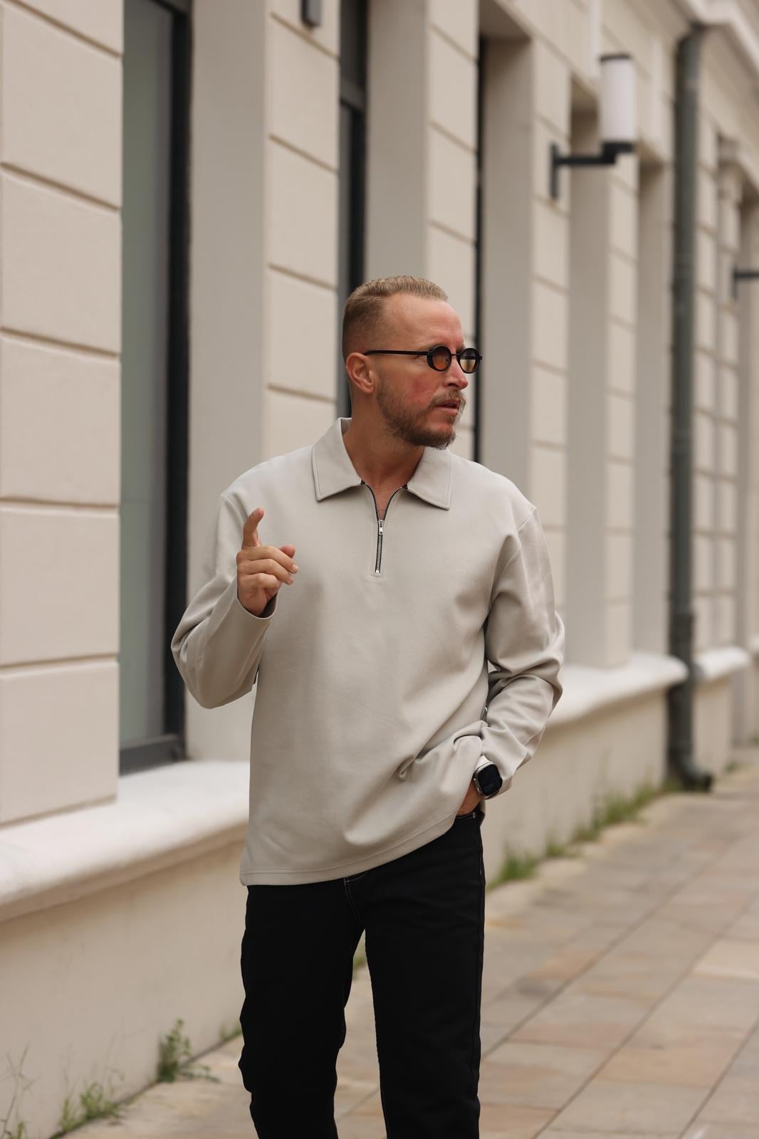 Gri Polo Yaka Fermuarlı Sweatshirt