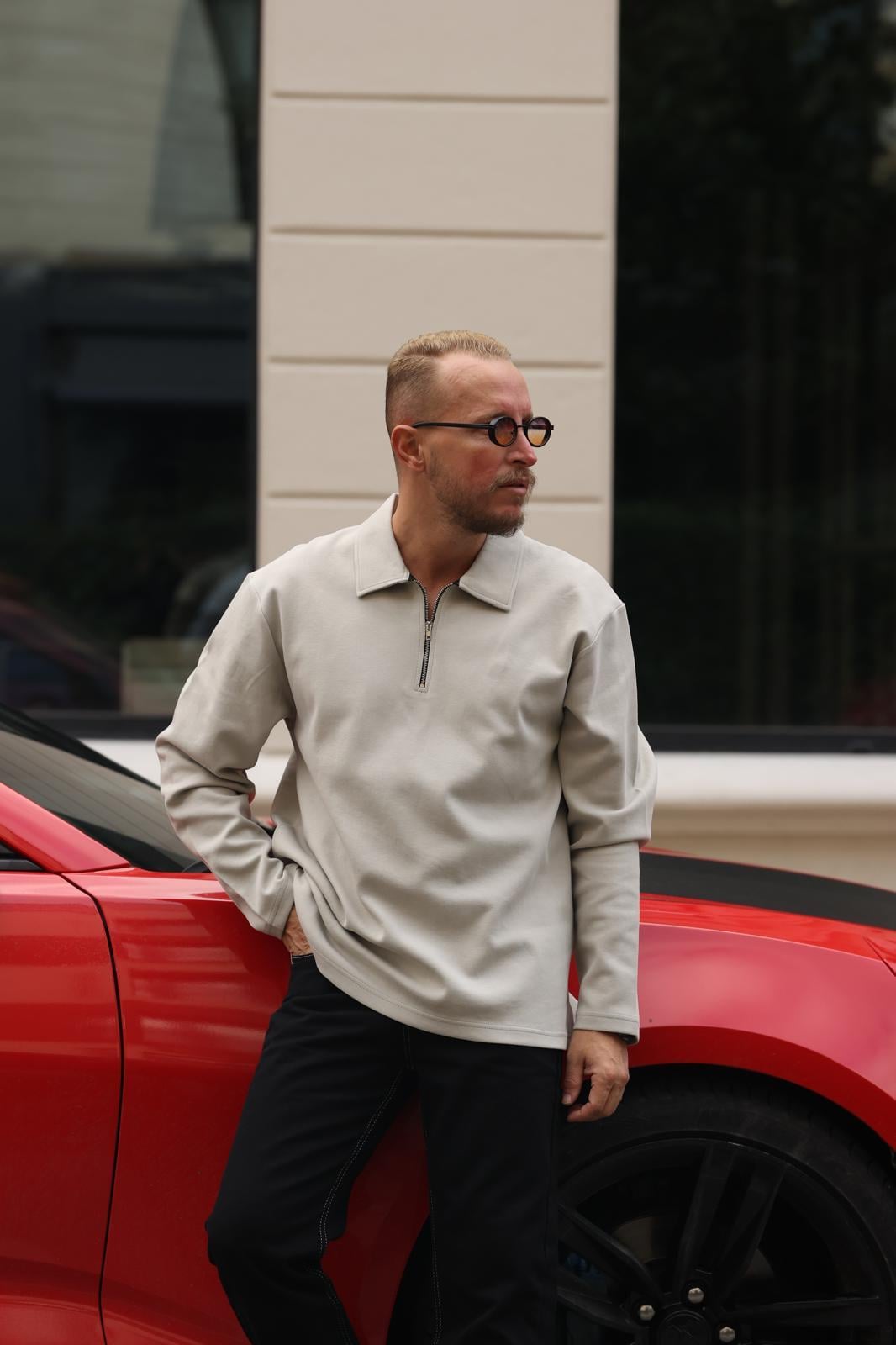 Gri Polo Yaka Fermuarlı Sweatshirt
