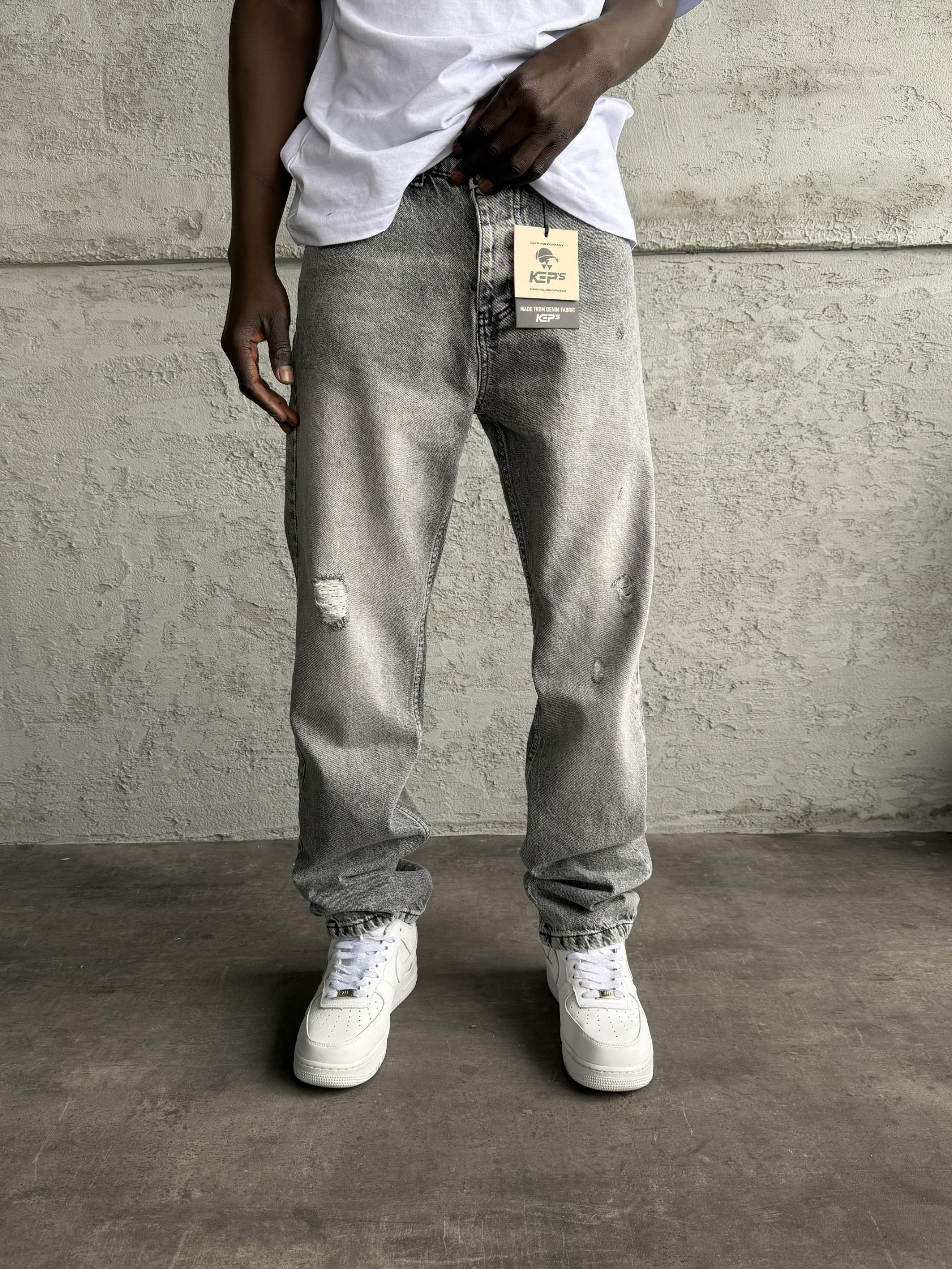 Gri Taşlamalı Yırtıklı Baggy Jean