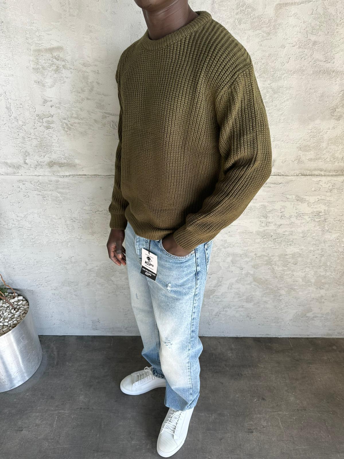 Haki Bisiklet Yaka Örme Triko Kazak