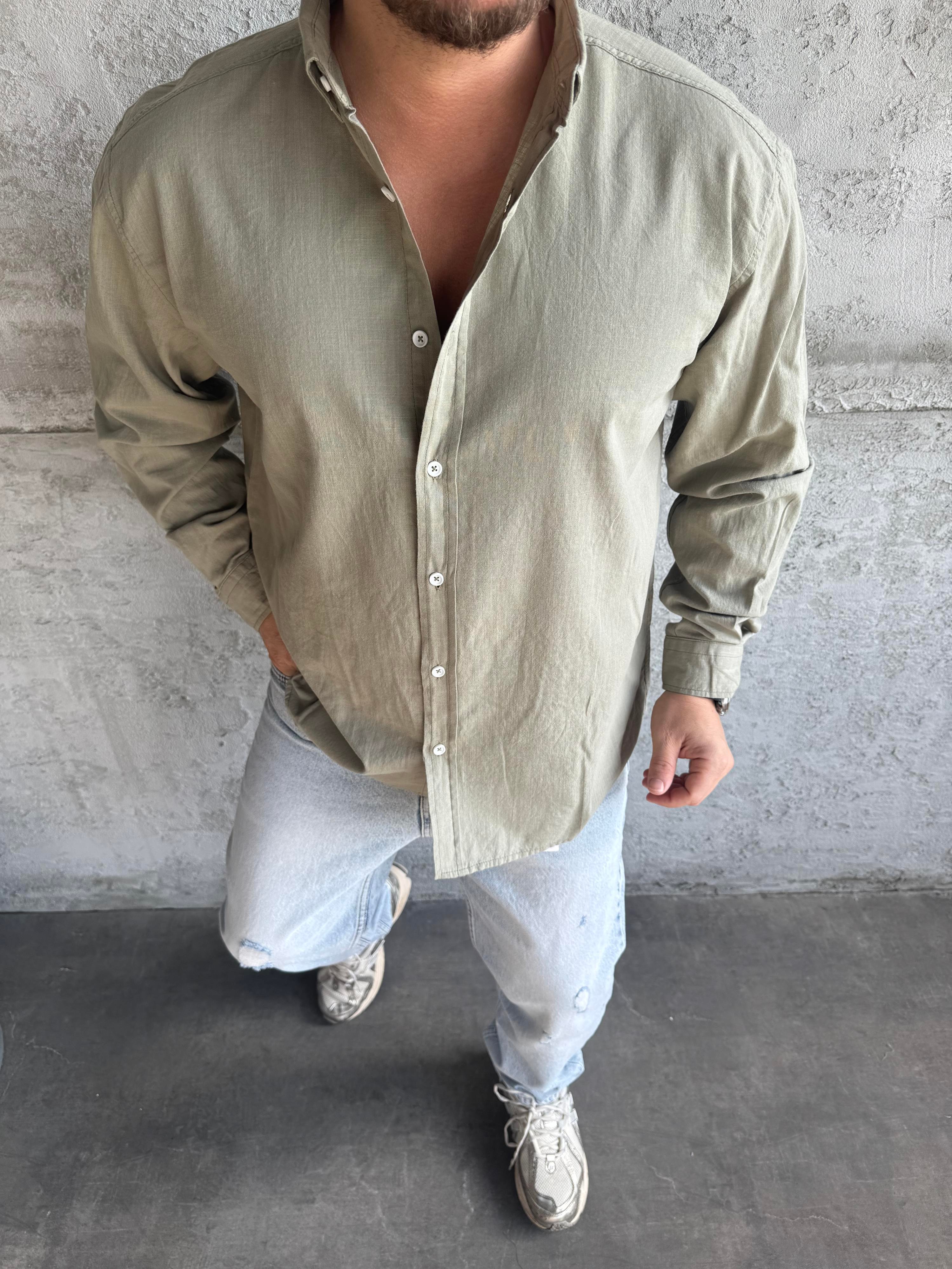 Haki Fresh Keten Basic Gömlek