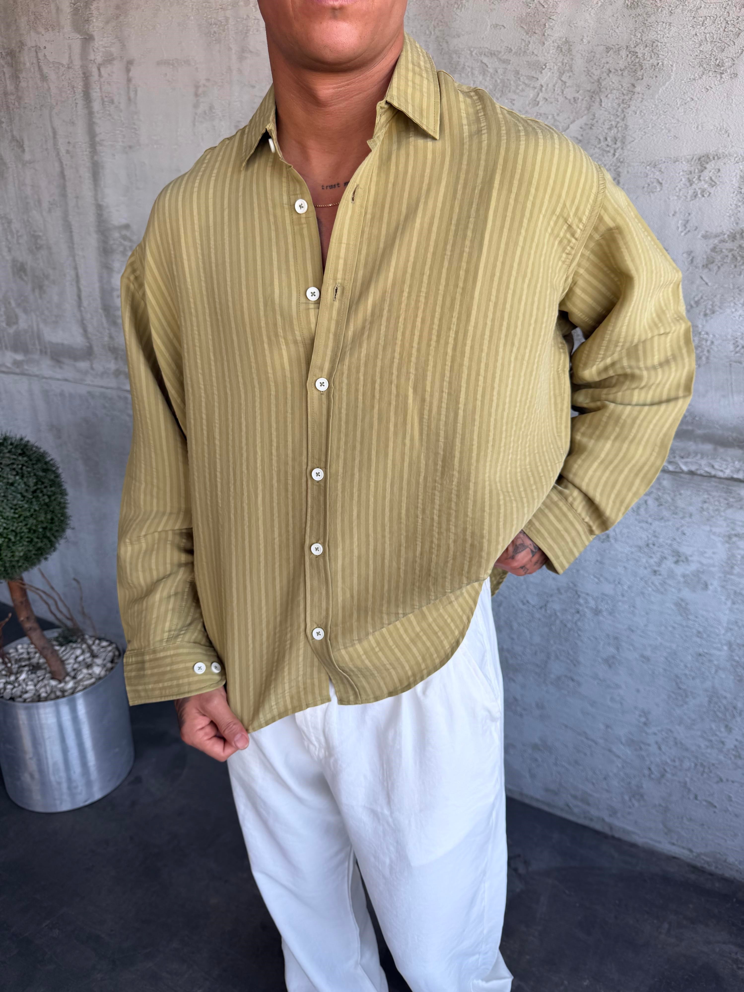 Haki Modal Kumaş Desenli Oversize Gömlek
