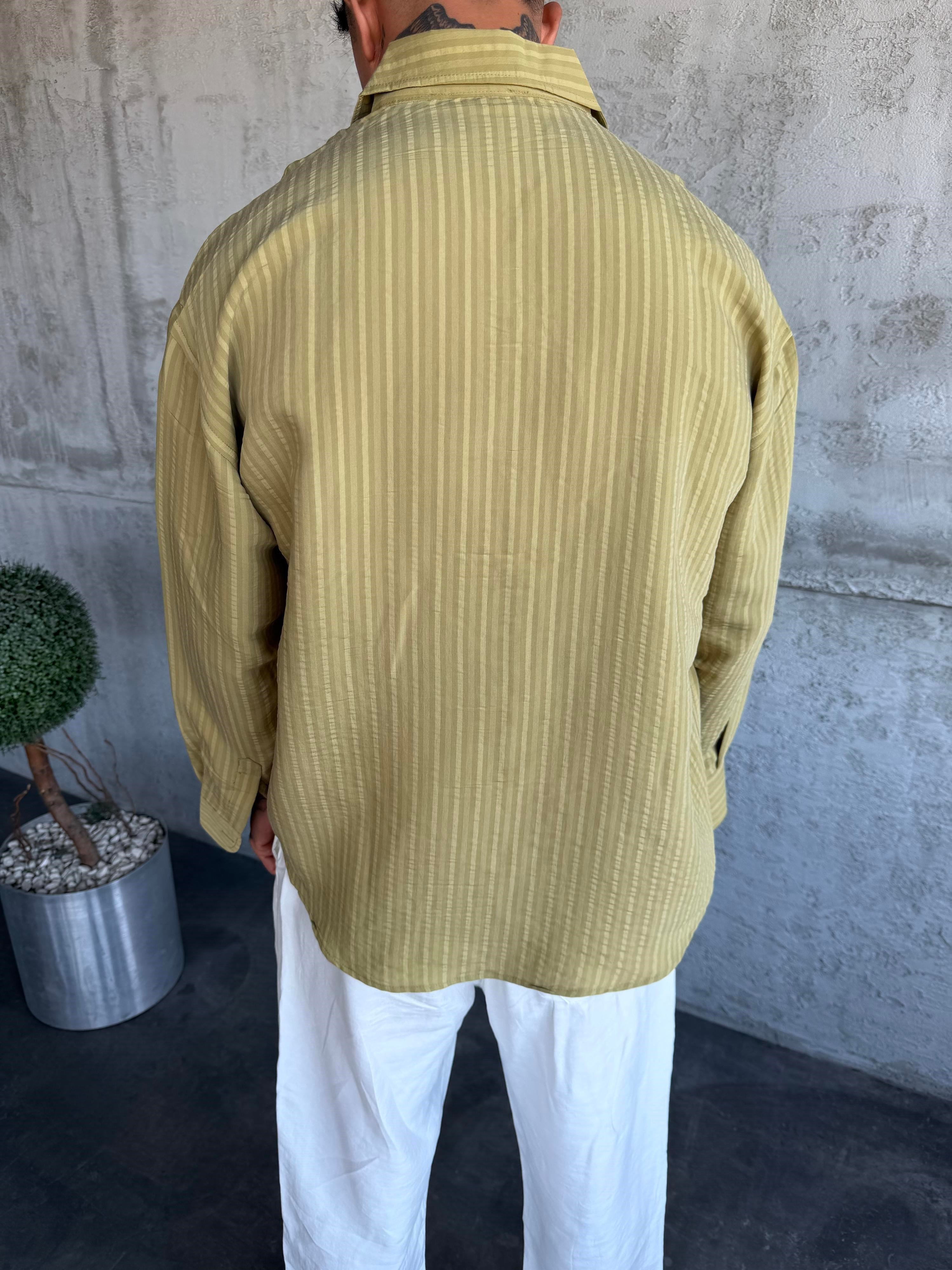 Haki Modal Kumaş Desenli Oversize Gömlek