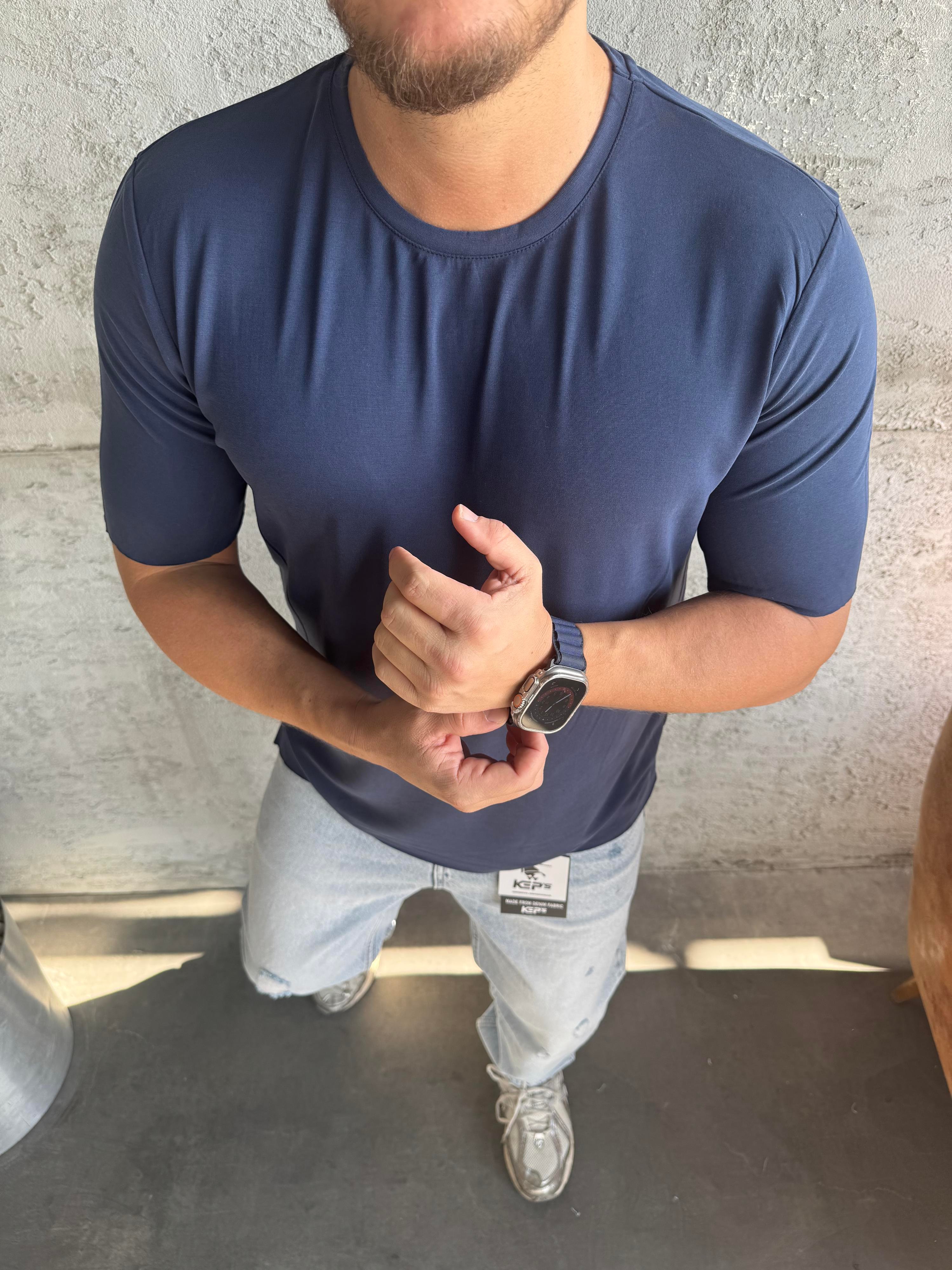 İndigo Fırçalı Tensel Kumaş Basic T-Shirt