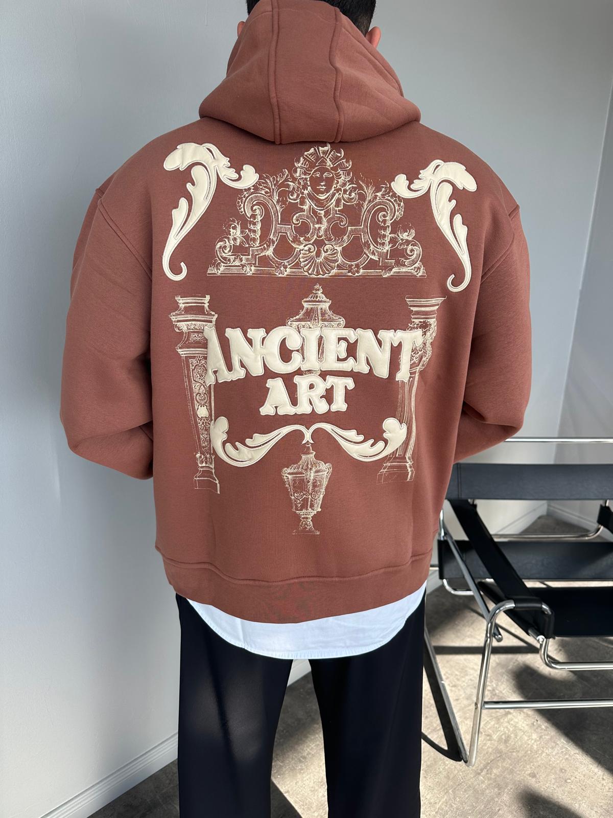 Kahve Baskılı Kapüşonlu Sweatshirt